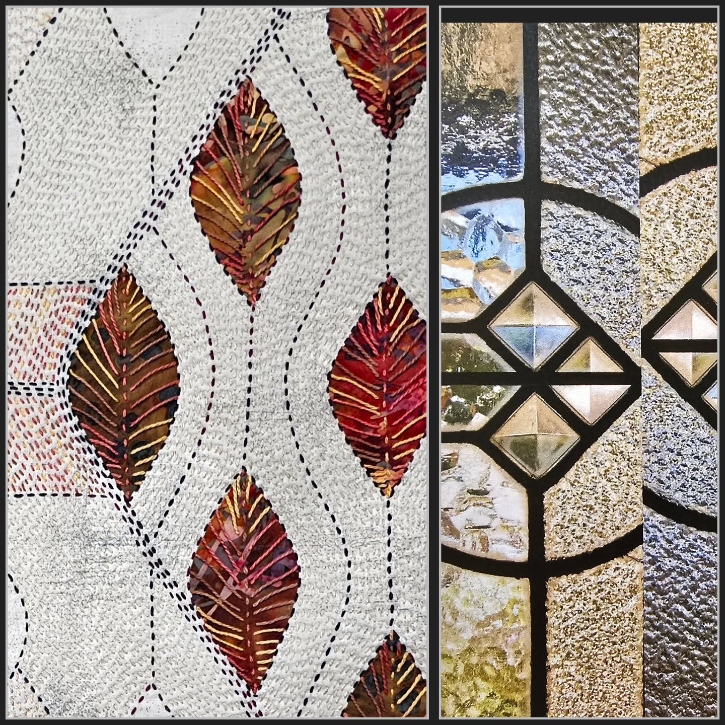 Last days of The Timelessness of Stitch exhibition at @TimelessTextiles Gallery , Newcastle, Australia.
This #slowstitch piece in the exhibition is called Stitched Memories and altho I began with a very simple leaf shape I kept being transported to memories of stained glass windows in France and other stained glass windows I've photographed.
A detail of a beautiful simple stained glass window echoed in Stitched Memories(detail).
#slowstitching #runningstitch #contemporarystitch stitchedart textileartexhibition