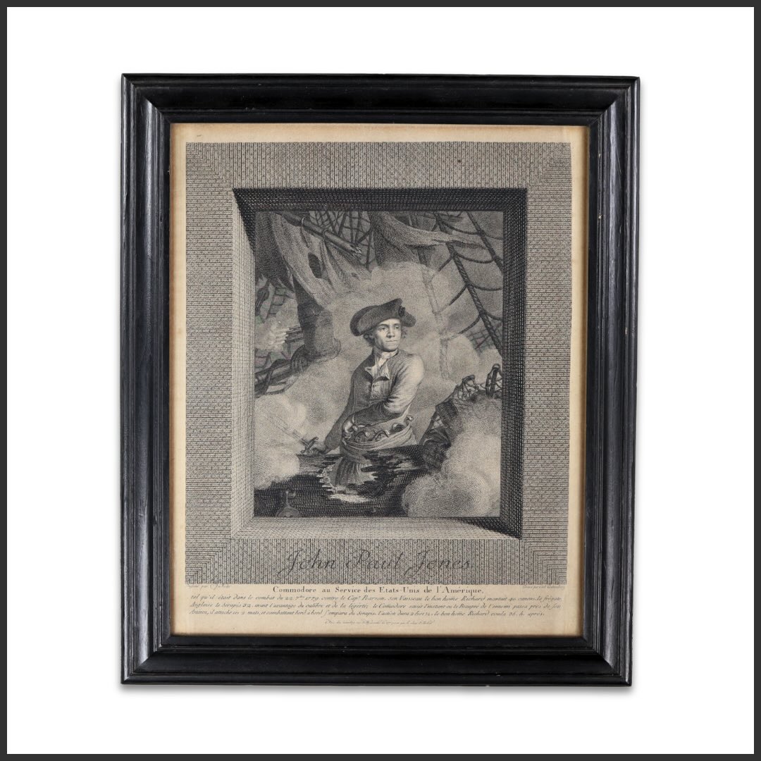 A dramatic French engraving depicting John Paul Jones amid the heat of naval combat, shown aboard the Bonhomme Richard during his celebrated engagement with HMS Serapis in 1779. Surrounded by smoke, rigging, and the chaos of battle, Jones stands resolute, sword in hand—an image that came to define his enduring reputation.
Published in Paris circa 1780 by Carl Guttenberg after a design by Claude Jacques Notté, the print reflects the strong admiration for Jones in France following his victory, widely celebrated as a symbolic triumph of the American cause at sea. The scene captures both the immediacy of the encounter and the emergence of Jones as a transatlantic hero of the Revolution.
Now available from Gallery 76 Americana.
#Gallery76Americana #JohnPaulJones #Americana #AmericanRevolution #HistoricalAmericana