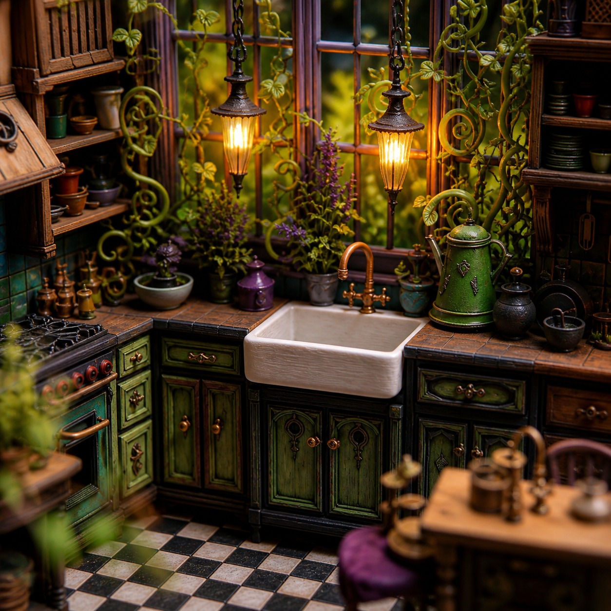 “Please don’t ask Keith the vine where your hat went.” 🌿✨ Swipe for closeups and the inspiration board behind this dark fantasy miniature kitchen tour—glowing green window, purple tracery, suspicious cookware, and all. Full post drops later today! #smallworldminiatures #miniatureart #dollhouseminiatures #darkfantasyart #miniaturediorama #gothicminiature #timBurtonInspired #TimBurton #Burtonesque