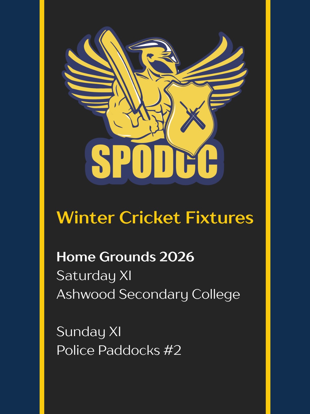 Winter cricket has landed at the SPODs 🏏🥶
We will be fielding two teams in the MYCA as we take up residence at Ashwood Secondary College and Police Paddock over the chilly months. Grab your thermals and join us through winter as we build upon the summer of success
🟡 = home games