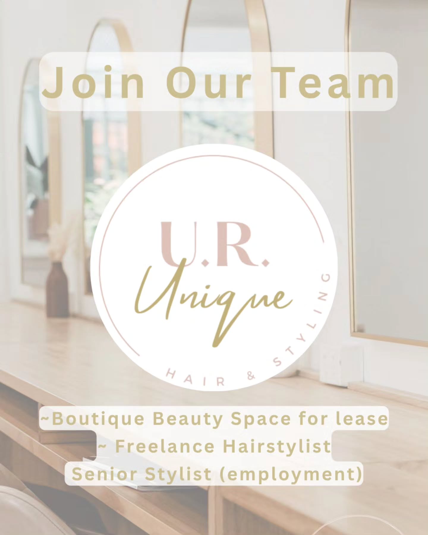 Join The U.R.unique Team
~ Boutique Beauty Space for lease ~
~ Freelance Hairstylist ~
~ Senior Stylist positions available ~
All applications will be kept confidential.
Please email at:
U.r.uniquesalon@gmail.com
#launcestonhairsalon #launcestonstylist