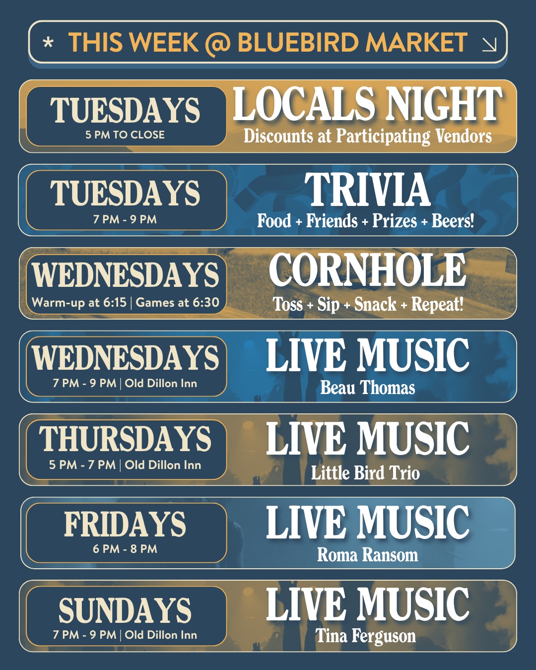 ๐ Same spot, new week, good vibes only
Here's what's going on at Bluebird Market ๐
Tuesday | Locals Night
๐ 10% off at Melody's Trattoria
๐ 10% off at Chef Daddy's Grill
๐ฆ 15% off at Summit Scoops
๐บ $2 off drinks at Upslope Aprรจs Outpost
TRIVIA 7โ9 PM
Wednesday | Cornhole Night
6:15 PM warm up, 6:30 PM games
Thursday | Live Music at ODI with Little Bird Trio
5โ7 PM
Friday | Roma Ransom (Live)
6โ8 PM ๐ธ
Eclectic bohemian world folk vibes
Sunday 7PM- 9PM
๐ถ Live music featuring Tina Ferguson at Old Dillon Inn
Food. Drinks. Games. Live music.
All week long.
Learn more at the link in the bio.
#BluebirdMarket #ColoradoEats #SummitCounty #LiveMusicVibes #FoodHall @SilverthorneColorado @tfergusonmusic @thesummitchamber @outletsatsilverthorne @olddilloninn_ba @summit_scoops @upslope @romaransom @leon.littlebird @beauthomasmusic