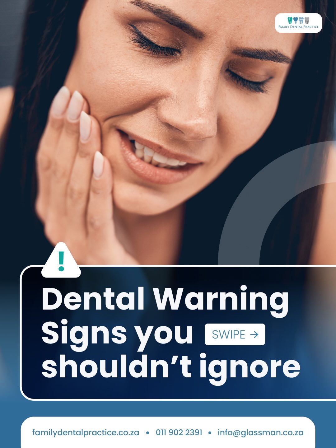 Dental problems may not necessarily start with severe pain — often, they begin with small warning signs which are easy to ignore.
Bleeding or swollen gums, persistent bad breath, persistent toothache, visible chips or cracks, abrasion, tooth sensitivity, or even loose teeth can all indicate that urgent dental care may be required.
If you’ve noticed any of these symptoms, don’t delay booking a consultation with us at, Family Dental Practice, our team of professional dentists and oral hygienists are here to help take care of any concerns you may have before they become more serious.
🌐 www.familydentalpractice.co.za
📞 011 902 2391
📧 info@glassman.co.za
#FamilyDentalPractice #DentalWarningSigns #OralHealth #DentalCare #ToothPain