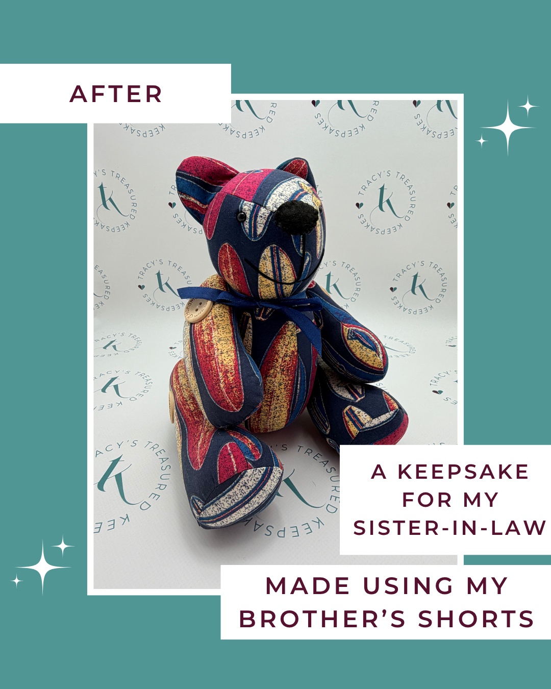 When Mel asked me to create a small bear from her late brother's shorts, which was covered in beautiful surfboard pattern, she requested I make this keepsake as a gift for her sister-in-law's birthday. I knew we'd craft something that captured exactly who he was.
Those surfboard-print shorts weren't just clothing, they represented his passion, his lifestyle, what made him happy. Creating a bear from them means that spirit lives on in something his wife can hold close.
What a thoughtful and meaningful birthday gift.
#TracysTreasuredKeepsakes #SmallBusinessUK #PersonalisedKeepsakes #HertsCustomKeepsakes #HandmadeGiftsUK
