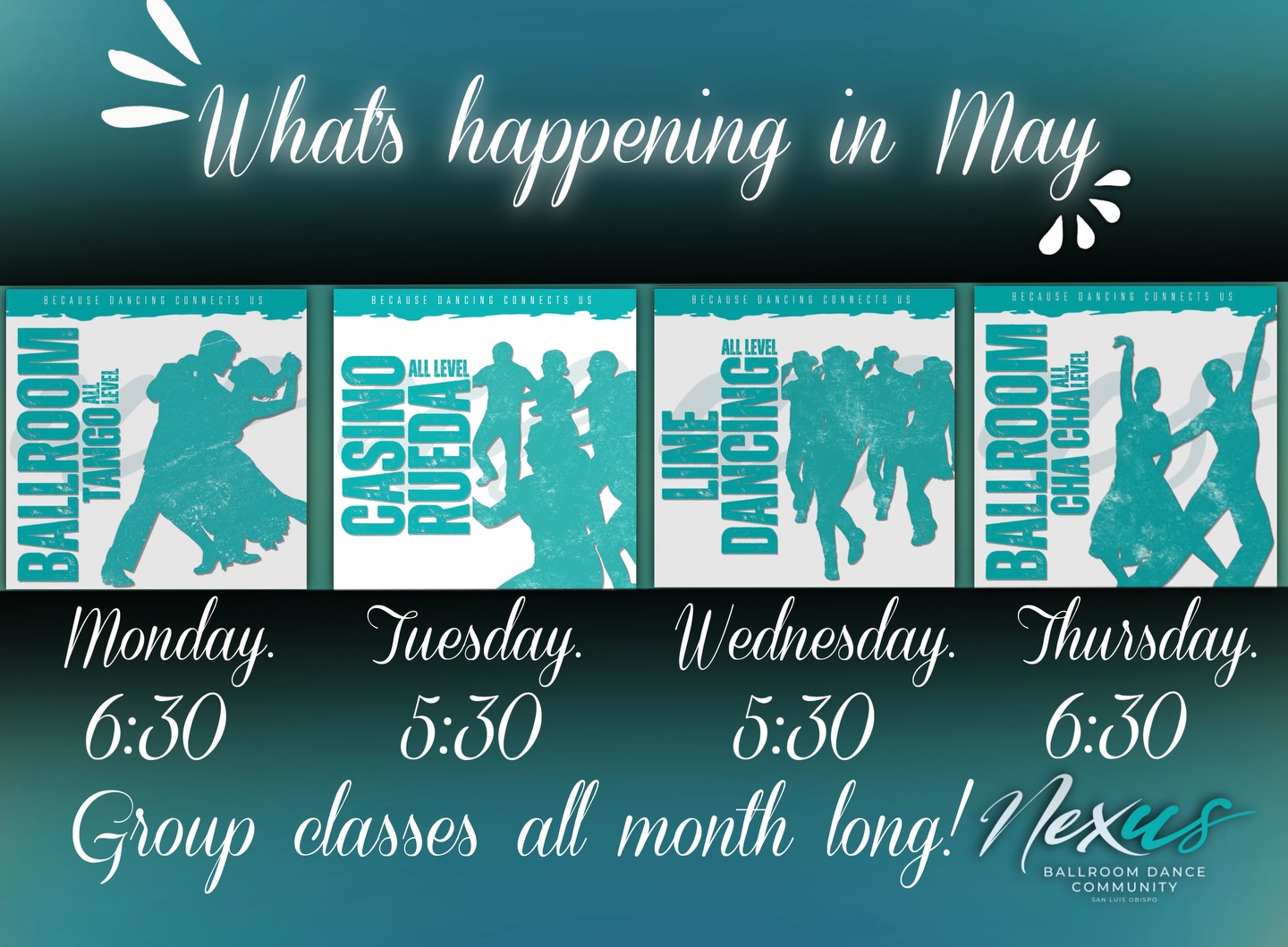May is here and the dance floor is calling ✨
Join us all month long for beginner-friendly group classes designed to get you moving, learning, and having fun.
🩵 Monday 6:30 PM – Ballroom Tango
🩵 Tuesday 5:30 PM – Casino Rueda
🩵 Wednesday 5:30 PM – Line Dancing
🩵 Thursday 6:30 PM – Ballroom Cha Cha
Whether you’re trying something new or leveling up your moves, May is the perfect time to start.