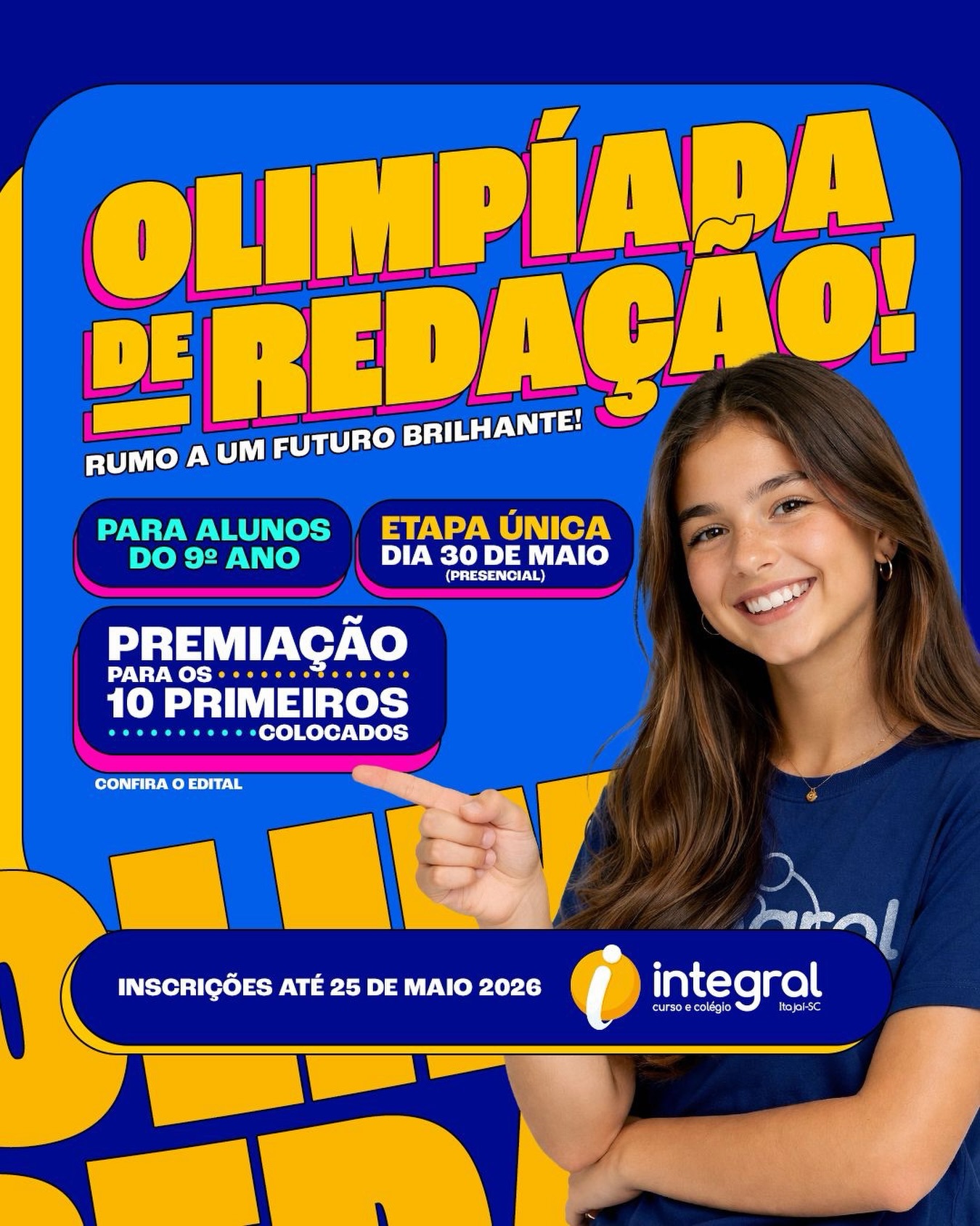 A Olimpíada de Redação 2026 para alunos do 9º ano não é apenas uma prova; é a oportunidade ideal para desenvolver uma habilidade decisiva para os próximos anos escolares. 🚀
Premiações para os 10 melhores colocados 🥇🥈🏅
* Medalhas de honra;
* Premiações exclusivas;
* Bolsas de estudo!
Dia 30 de maio 🗓️
👉 Garanta a participação agora! Link na BIO…
#olimpiada #escola #ensinomedio #melhor #colegio