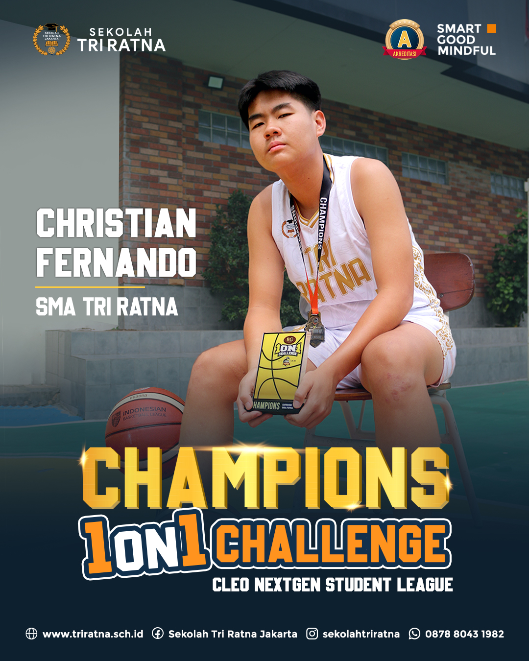 🏆🔥 CONGRATULATIONS! 🔥🏆
Christian Fernando siswa SMA Tri Ratna @smatriratna berhasil meraih Juara 1on1 Challenge Cleo Nextgen Student League 2026!
Kerja keras, mental juara, dan semangat pantang menyerah akhirnya membawa hasil terbaik di lapangan.
Prestasi ini jadi bukti bahwa sekolah bukan hanya tempat belajar akademik, tapi juga tempat berkembangnya bakat, karakter, dan mimpi besar para siswa.
Buat kamu yang ingin sekolah dengan lingkungan yang mendukung prestasi akademik maupun non-akademik, saatnya bergabung di Sekolah Tri Ratna dan jadi bagian dari generasi berprestasi berikutnya!
Karena di sini, setiap siswa punya kesempatan untuk jadi juara! 💥
Bergabunglah bersama Sekolah Tri Ratna!
🔗 psb.triratnaschool.sch.id
☎️ +62 878-8043-1982
SMART • GOOD • MINDFUL
🎥 : video youtube Nextgen Indonesia
https://www.youtube.com/watch?v=Q_KV0hlmn4U&t=25s
#sekolahjakarta #sekolahbuddhajakarta #sekolahtriratna #sekolahjakartabarat #basketball
