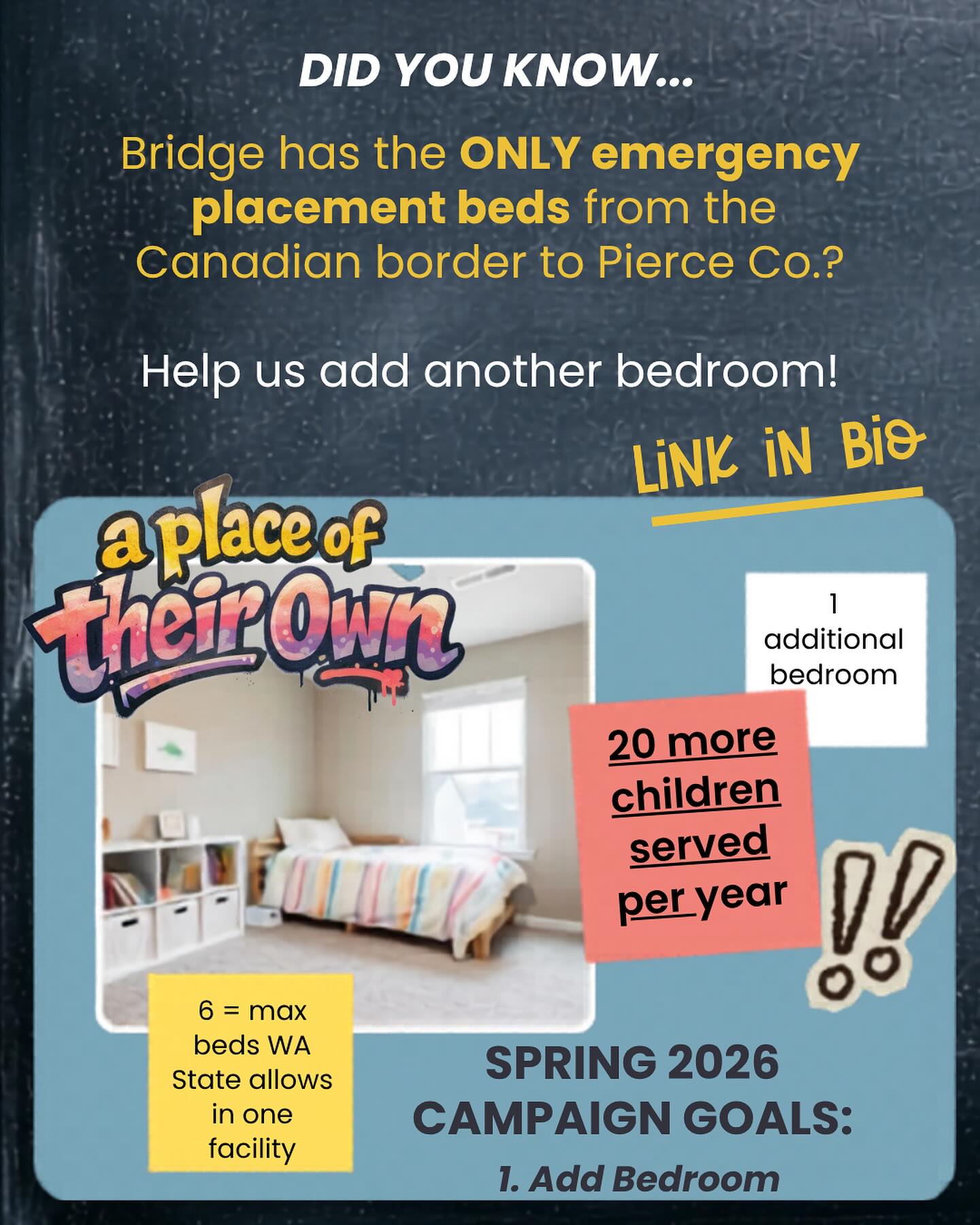 Today, every dollar you give means 20 more children EVERY YEAR will receive the safety and trauma care they need in foster care…
Your donations become a chance for them to become KIDS AGAIN…
Your gifts turn into hope and the start of healing…
Give today to Bridge’s “A Place of Their Own” Spring Giving Campaign and you will be giving children all if this…and so much more.
A gift that every child in foster care needs and truly deserves…
A gift that you can feel really good about being able to give.
Use the link in our profile.
On behalf of every child you help today…thank you.
https://bridgereceivingcenter.org/donate
#aplaceoftheirown
#fosteringhope
#fostercare
#traumacare
#fostercaresaveslives