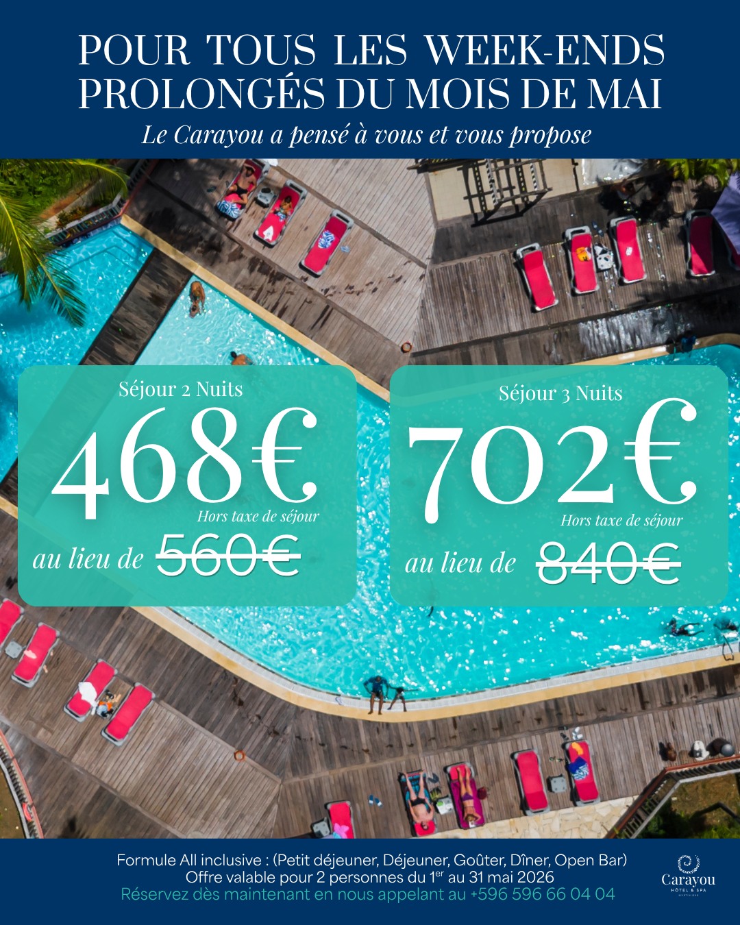 Le mois de mai commence avec une belle idée d’évasion 🩵
Offrez-vous une parenthèse tout compris face à la mer, entre détente, soleil et plaisirs gourmands.
Séjournez au Carayou et profitez de nos offres spéciales week-ends, pensées pour savourer chaque instant en toute sérénité.
Réservations au 📞 +596 596 66 04 04
#carayou #hotel #spa #martinique #allinclusive #weekend