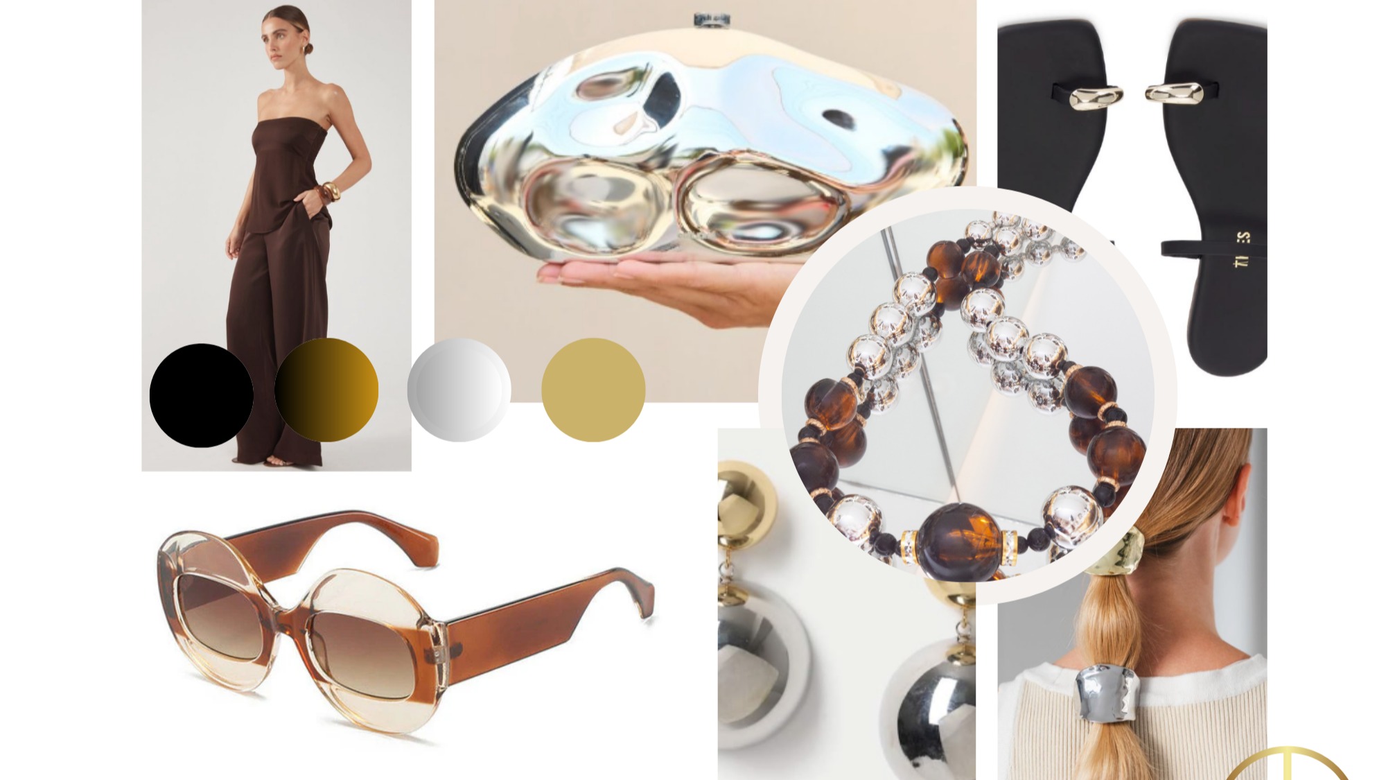 Noting says 70s vibe like chrome and tortoise shell.
How you can style the Mirror & Tortoise Graduated Necklace?
Top & trousers: by Perfect Stranger
The Calden Clutch: by Cult GAIA
Colette Sandal: by TKEES
Personality Crisis Sunglasses: OBEEY
Multi-metal earrings: Marks & Spencer
#reimagined #beadedjewelery #chrome #70s #style