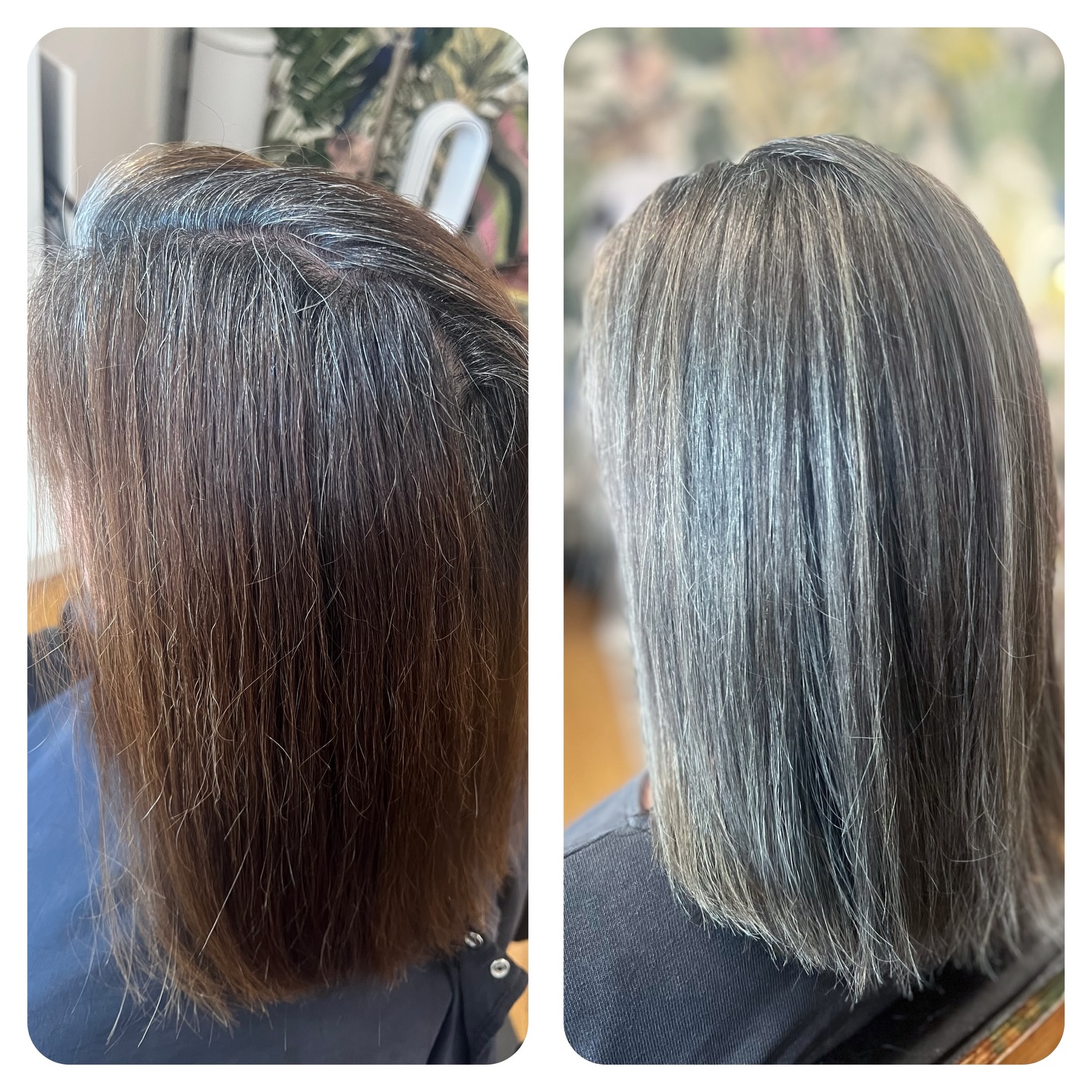 First session on this grey transition
What stands out that makes it blend?
.
-the red/copper warmth is gone
-added light pieces throughout that blend with grey pieces growing in
.
This creates a visual connection.
Even if we aren’t able to achieve a platinum/grey highlight the first time, the eye sees cohesion.