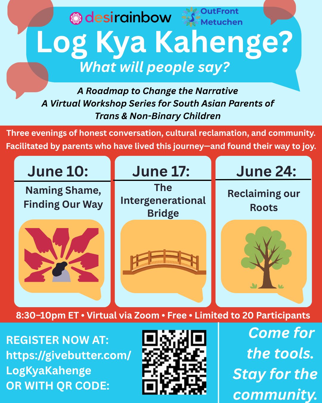 We’re opening up a safe, private space for South Asian families: Log Kya Kahenge? Roadmap to Change the Narrative. This is a 3-part virtual workshop series for parents of trans and non-binary children. It’s a place to exhale, ask the real questions, and leave with tools to help your family thrive.
✨ The Details:
🗓️ Dates: June 10, 17 & 24 (Wednesdays)
⏰ Time: 8:30–10pm ET
💻 Where: Virtual via Zoom
👥 Size: Limited to 20 seats for an intimate, warm environment
💸 Cost: Free for Desi Rainbow & Outfront Metuchen Members, $15 for non members
Led by parents who have been exactly where you are—and found their way to a place of joy and celebration.
Come for the tools. Stay for the community.
🔗 Register at: https://givebutter.com/LogKyaKahenge
#DesiParents #SouthAsianPride #OutFrontMetuchen #TransJoy #LogKyaKahenge