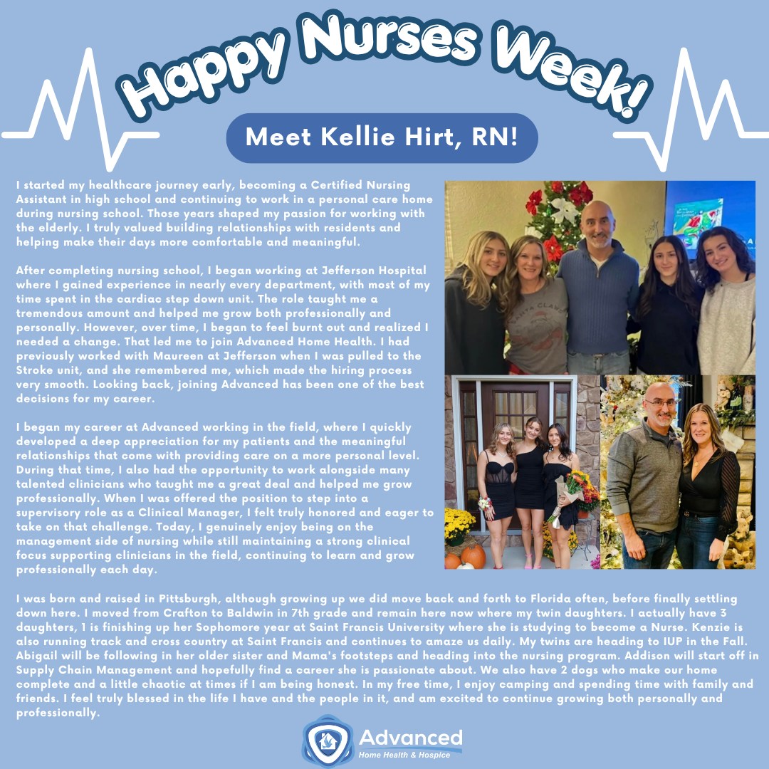 Nurses Week Spotlight ✨
Today we are celebrating Kellie Hirt, RN! For more than nine years, Kellie has been a part of the Advanced team, providing compassionate care and support to patients and families every day. Her kindness, dedication, and commitment to excellence make a lasting impact on everyone she serves.
We are incredibly thankful for all that Kellie does and proud to recognize her during Nurses Week. Thank you for your hard work and heart, Kellie! 💙
#NursesWeek #AdvancingTogether #HomeHealth #Hospice