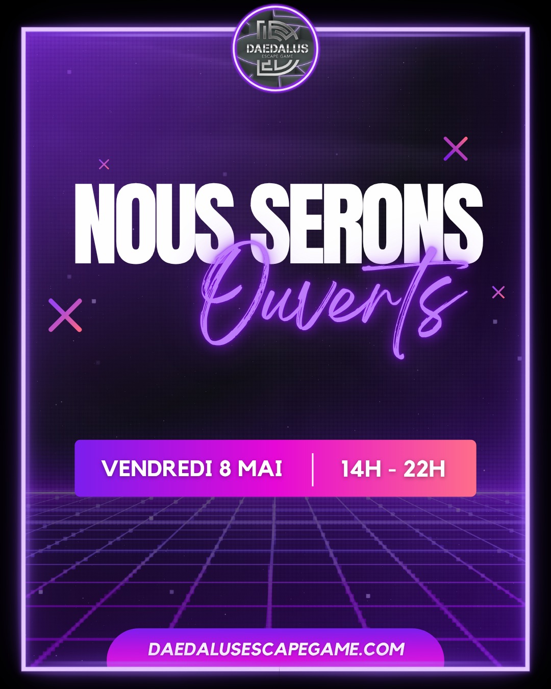 Daedalus reste ouvert ce 𝘃𝗲𝗻𝗱𝗿𝗲𝗱𝗶 𝟴 𝗺𝗮𝗶 de 𝟭𝟰𝗵 𝗮̀ 𝟮𝟮𝗵 !
Réservez votre partie dès maintenant ! 🧙♂️🚪💀
__________________
🌐 https://bit.ly/daedalusescapegame
📱 0633447032
☎️ 0984483171
#escape #escapegame #escaperoom #parcours #loisirs #jeu #jeux #blois #loiretcher #famille #amis #ami #barajeux #loire #jeudesociete #valdeloire #chateaudelaloire #loireavelo #bloismaville #valducher #sologne #vendome #sortiren41 #bloischambord #bloiscity #maisondelamagie #visiteblois #bloistourisme