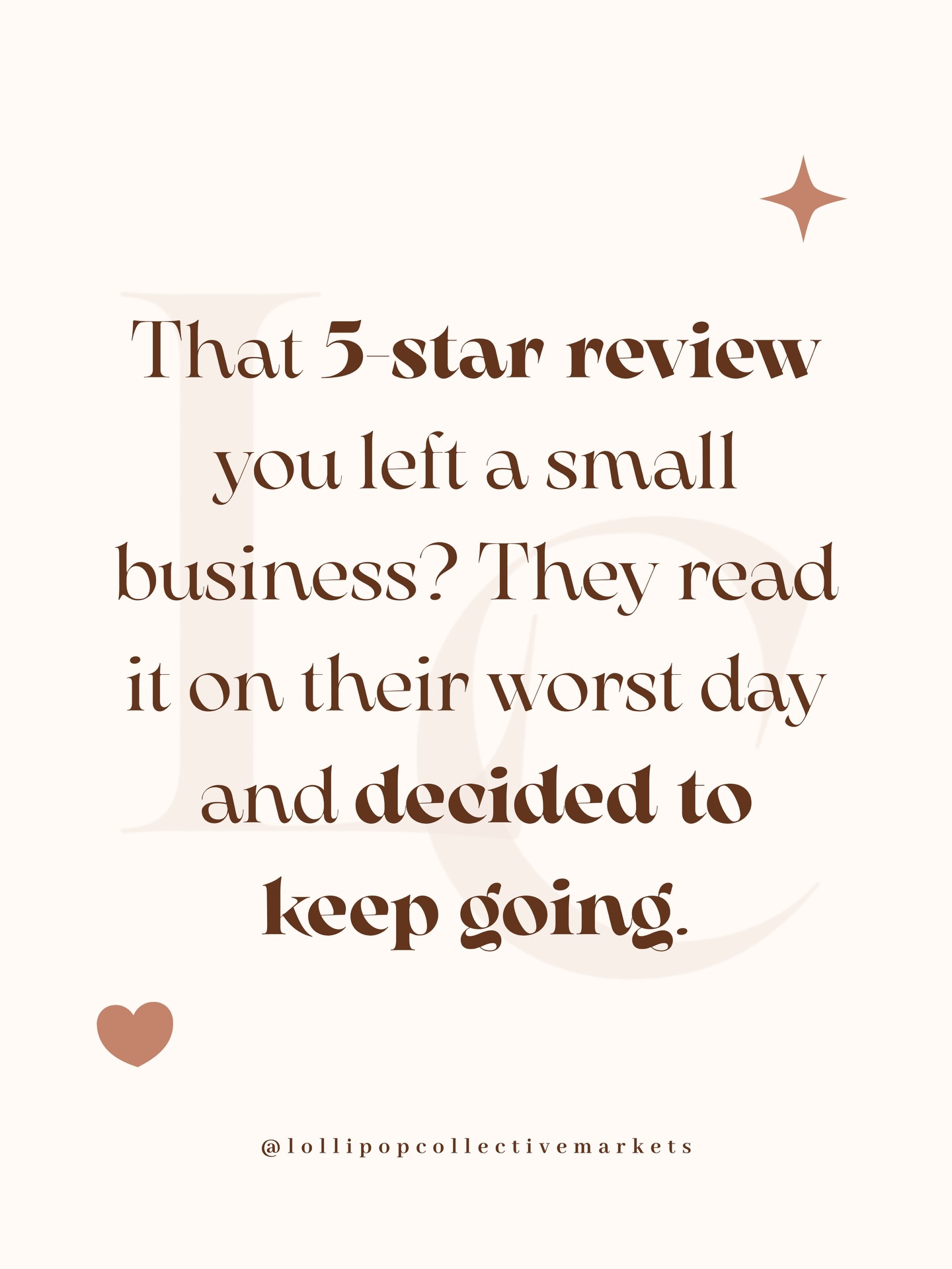 You probably forgot you even wrote it…💭
Just a few kind words after a good experience. Maybe 30 seconds out of your day.
But that small business owner? They screenshot it. They saved it. They reread it on the slow weeks, the hard mornings, the moments they wondered if all of this was worth it.
Your words reminded them it was!❤️
Reviews don’t just help algorithms. They keep real people going and building the confidence to show up again tomorrow. They’re proof that what they’re doing matters to someone, somewhere.
Next time you love a small business, leave the review. Write the comment or send the message. You’ll never know the day they needed to read it. ✨
Tag a small business who deserves a 5-star review today 👇