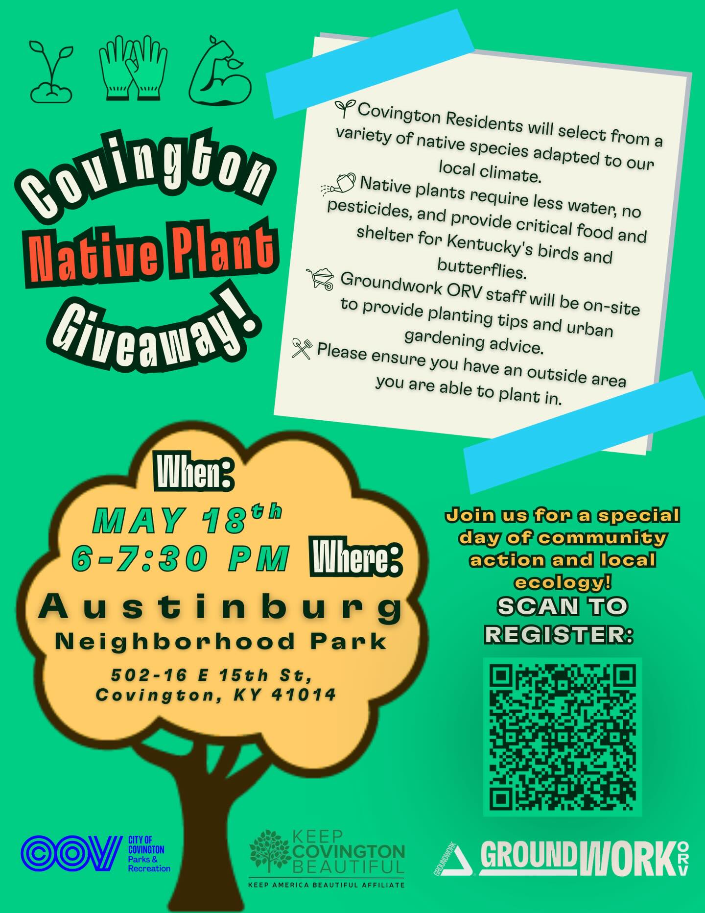 Join KCB, @groundworkorv, and @covparks for the Covington Native Plant Giveaway at Austinburg Neighborhood Park. Whether youâre a seasoned gardener or just starting out, come grab native species that are perfect for our local climate. Groundwork ORV staff will be on-site to share expert planting tips, so bring your questions. Please fill out the interest form (at the link in our bio) before the day of the event.