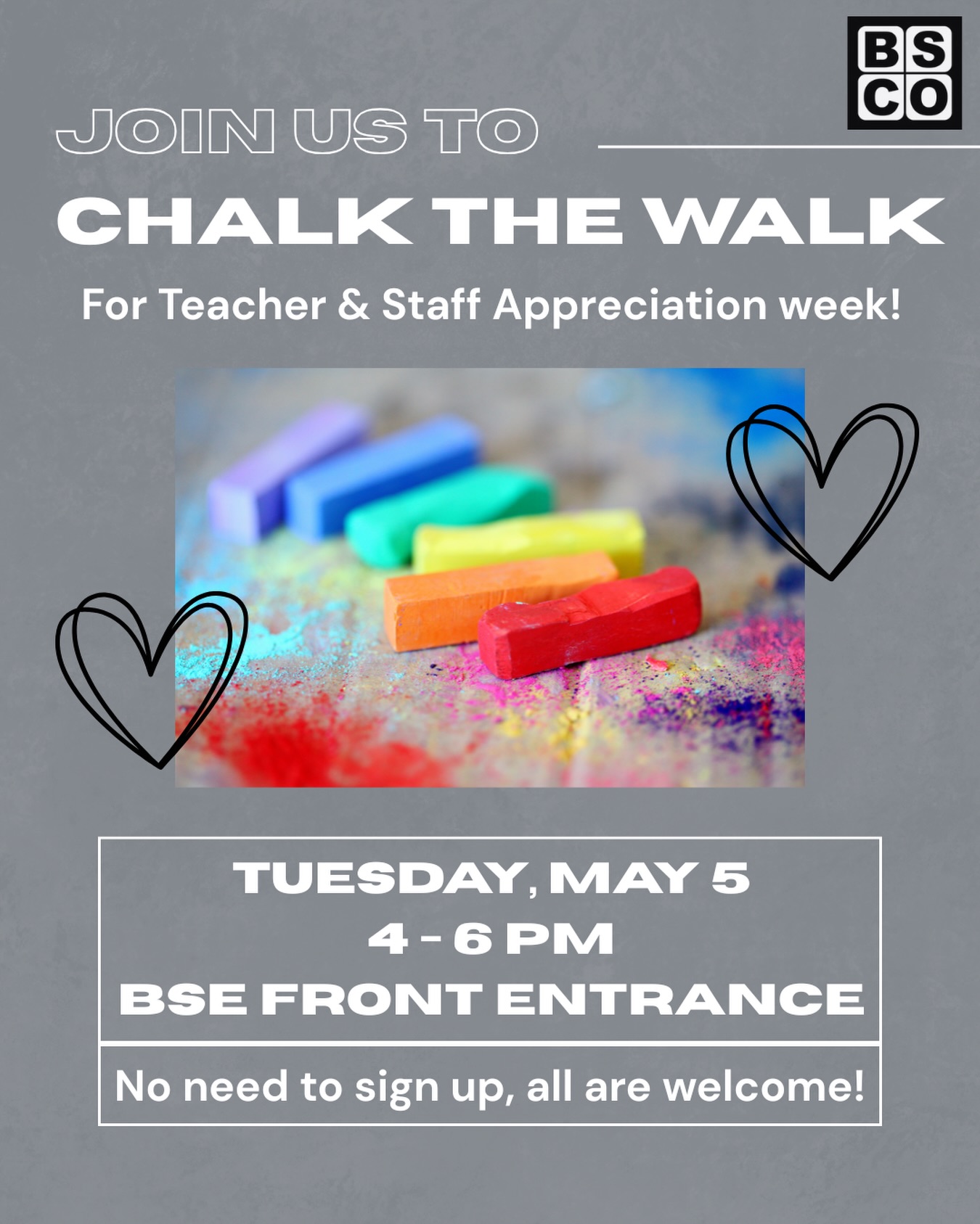 Help us show a little love for our amazing BSE teachers and staff! Join us tomorrow afternoon to chalk the front sidewalk with messages of thanks and appreciation 🖍️❤️ No need to sign up on ParentSquare, just show up at the front entrance between 4 and 6 pm!