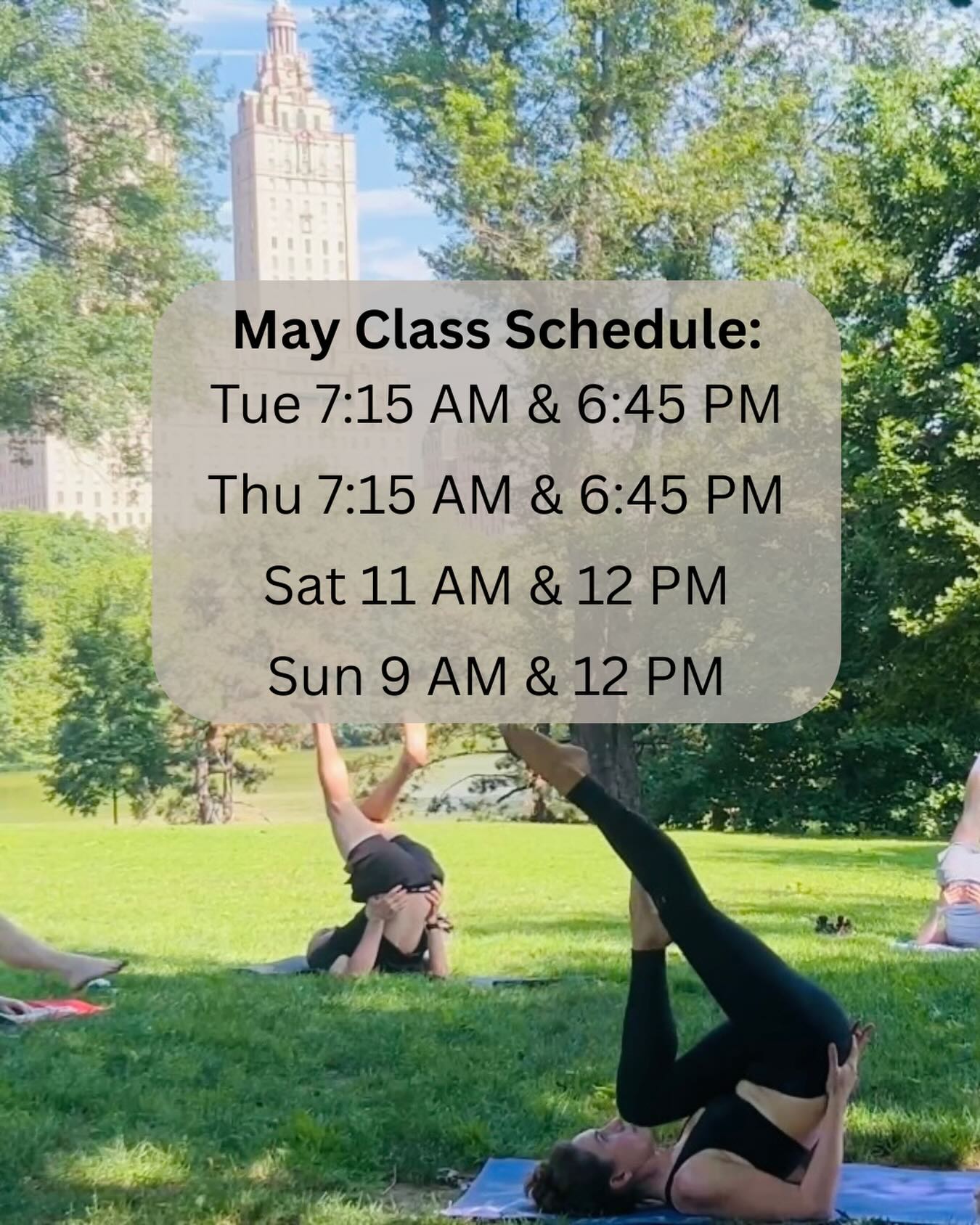 May Class Schedule! As the season picks up we’ll be adding additional classes each week, so be sure to check the website for the up-to-date schedule.
Tue 7:15 AM & 6:45 PM
Thu 7:15 AM & 6:45 PM
Sat 11 AM & 12 PM
Sun 9 AM & 12 PM
#centralparknyc #centralparkrun #centralparkpilates #pilatesinthepark #thingstodoinnyc
