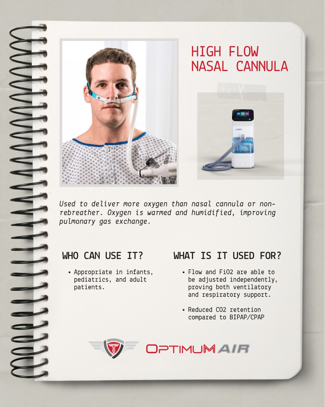 We’re proud to offer High Flow Nasal Cannula (HFNC) therapy as part of our expanded specialty care capabilities.
This advanced system delivers heated, humidified high-flow oxygen that improves patient comfort and pulmonary gas exchange — suitable for infants, pediatrics, and adults.
OptimuM Air is bringing hospital-level respiratory support directly to our patients. ✈️ ❤️
#HighFlowNasalCannula #HFNC #SpecialtyCare #EMS #AirAmbulanceServices #OptimuMAIR