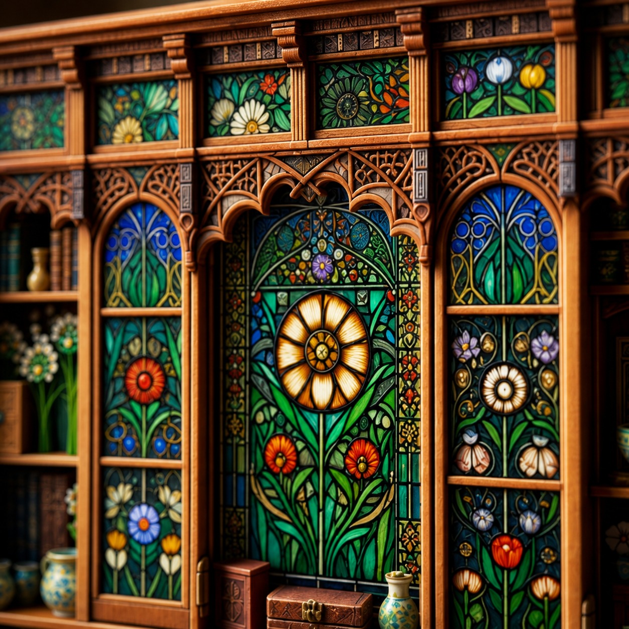 Mrs. Puddlewick still denies the marmalade scandal.
Swipe for closeup details and the inspiration board behind tomorrow’s William Morris–inspired miniature cabinet wall post. Floral glass, antique wood, tiny drawers, and one very nosy cabinet await.
#smallworldminiatures #miniatureart #dollhouseminiatures #WilliamMorris #ArtsAndCrafts #miniaturedecor