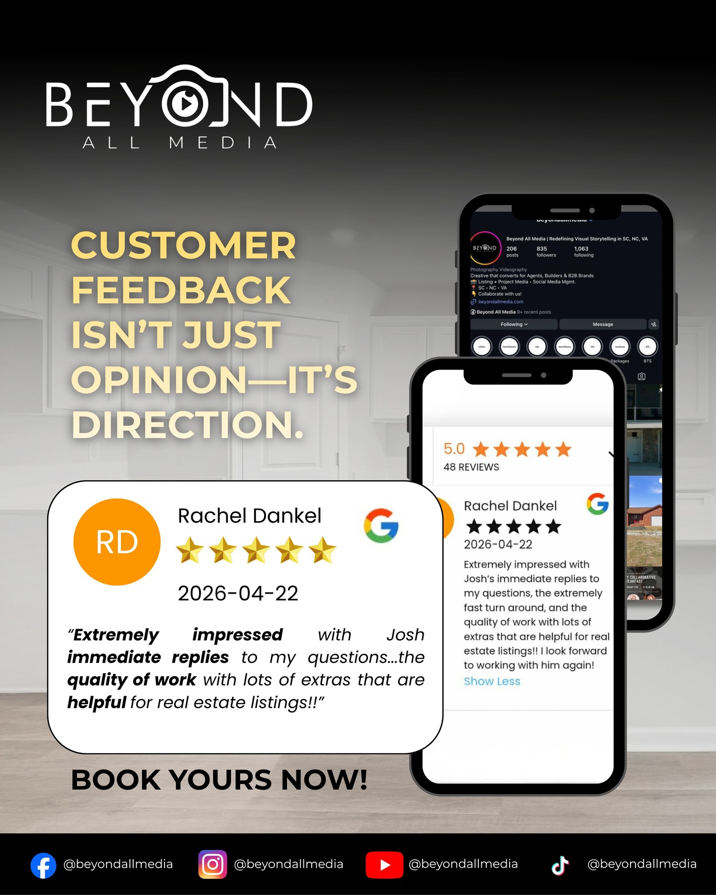 The fastest way to know if your service is working is when clients say it for you.
We’re grateful for this feedback from Rachel Dankel and for the trust she placed in Beyond All Media.
“Extremely impressed with Josh’s immediate replies to my questions, the extremely fast turnaround, and the quality of work with lots of extras that are helpful for real estate listings.”
Client feedback like this means everything to us because it reflects what we work hard to deliver every time: fast communication, strong turnaround, and high quality real estate media that helps listings stand out.
Ready to book your next project with us?
Send us a message or visit the link in bio.
#BeyondAllMedia #ClientFeedback #RealEstateMarketing #RealEstateMedia #GoogleReview