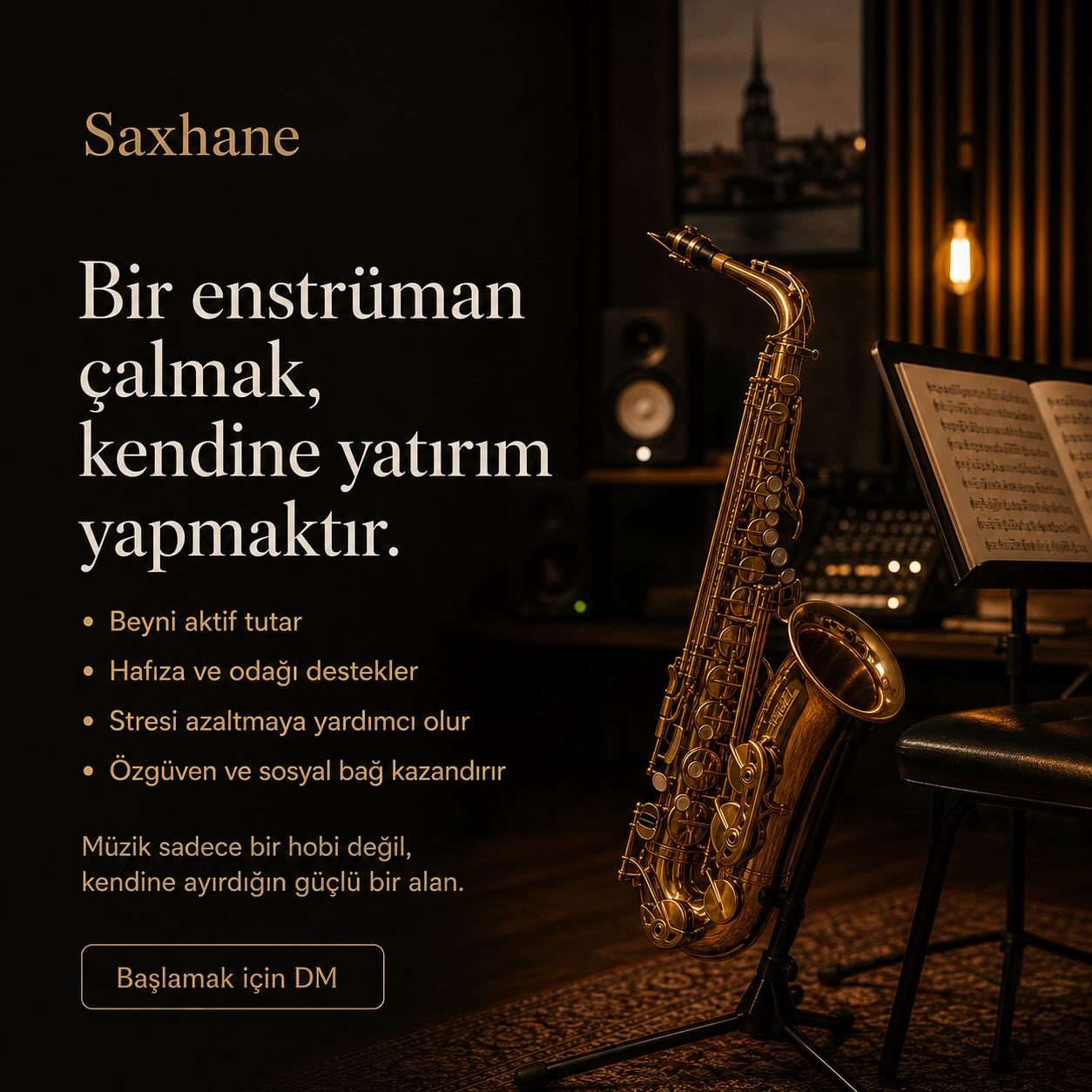 Bir enstrüman çalmak sadece yeni bir şey öğrenmek değil.
Beynini aktif tutmak, odağını güçlendirmek, nefesini fark etmek ve kendine düzenli bir alan açmak demek.
İlk başta tek mesele doğru nota değildir.
Sesi tanırsın, bedenini tanırsın, sabrı öğrenirsin. Zamanla müzik, hayatın içinde sana ait güçlü bir yere dönüşür.
Saksafona başlamak istiyorsan Saxhane’de bireysel, grup ve online derslerle ilerleyebilirsin.
Başlamak için DM’den bize yazman yeterli 🎷
#saxhane #saksafondersi #saksafon #saxophone