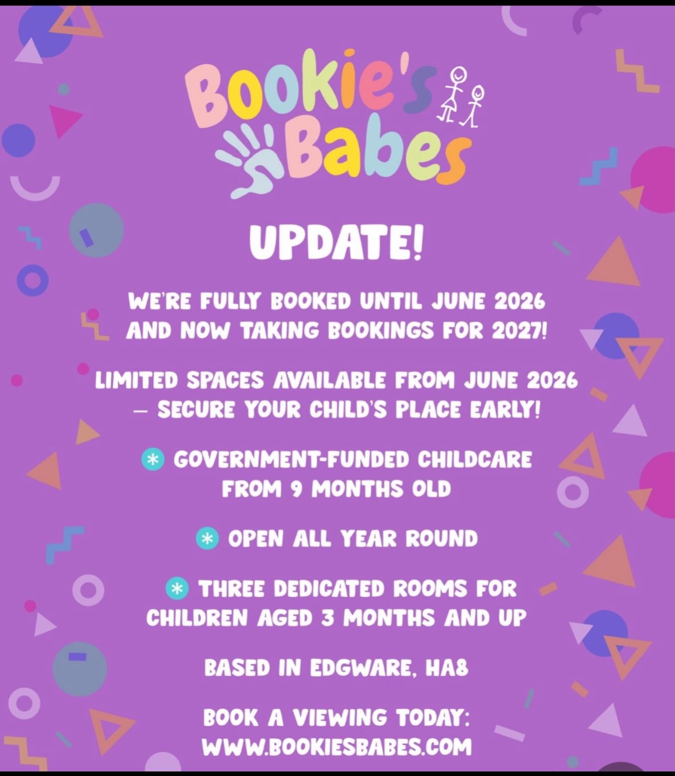 ✨ BOOKING UPDATE ✨
We now have limited nursery spaces remaining for 2026 and are already getting very booked up for 2027
If you’re considering childcare for your little one, we’d recommend booking a viewing early to avoid disappointment.
📍Edgware, HA8
👶 Government-funded childcare from 9 months
🗓 Open all year round www.bookiesbabes.com
