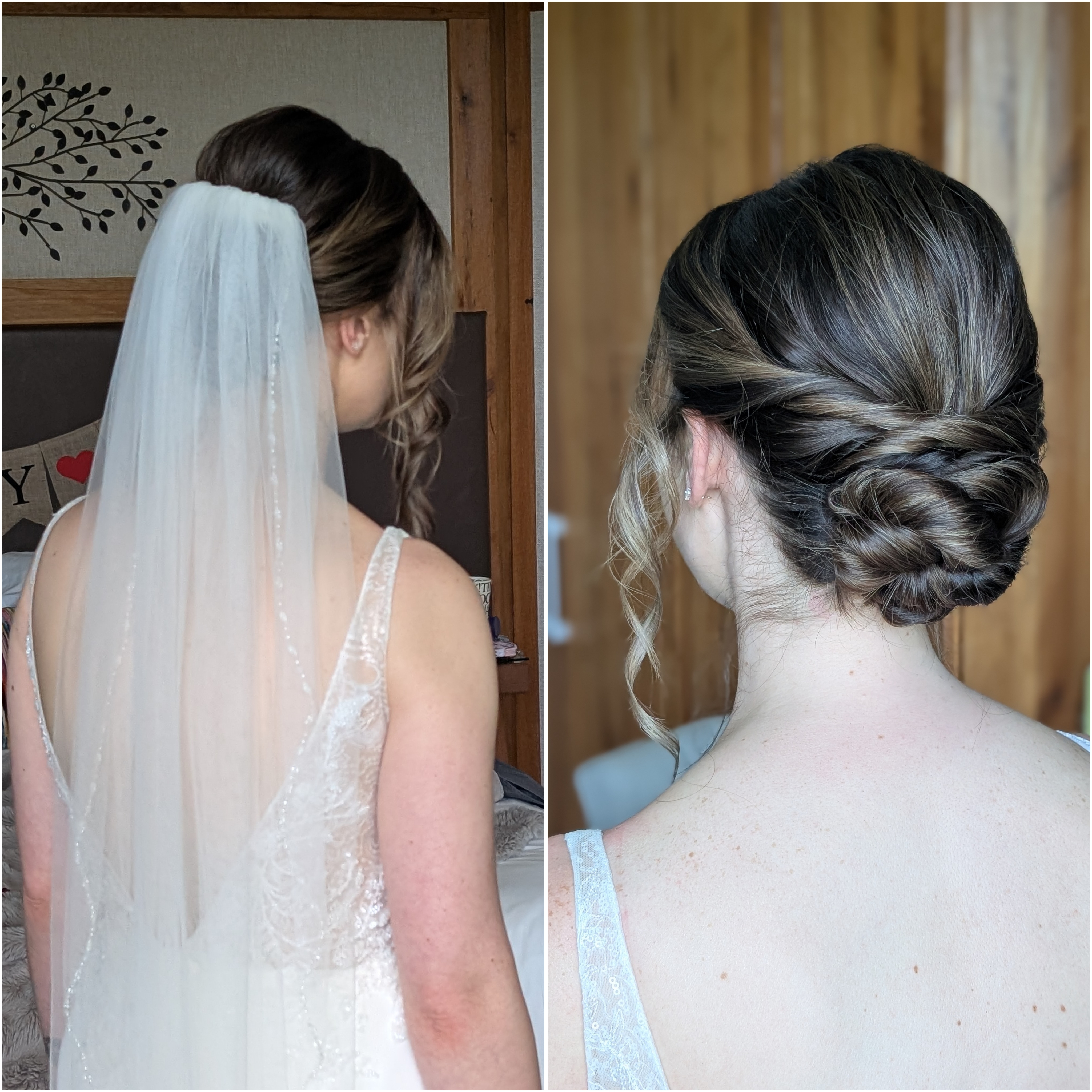 Here is lovely Sophie's bridal hair, her bridal makeup is on a previous post.
Today I wanted to show you with and without a veil and the overall finished look with some tips.
A veil is the ultimate bridal look, they are super pretty and make for great photos.
Your veil should elevate your bridal hair — not hide it. With Sophie's style she went for it matched perfectly with her veil and dress.
My top tips on veils;
DO:
Choose your veil after your dress
Your veil should complement the neckline, detailing, and overall vibe of your gown — not compete with it. Same goes for accessories.
Match the veil to your hairstyles, some styles suit veils some are more difficult to place, however there are tricks to hold a veil in a down style!
Bring your veil to your hair trial
Placement changes everything. Are we going under a style, or over, is the veil over your face or very high up, it changes everything
Think about veil length. Fingertip veils feel classic and practical, chapel veils create drama, and birdcage veils give vintage energy.
Consider your ceremony + venue
Windy beaches, outdoor gardens, and long aisles may influence the best veil style and placement.
Practice the removal. If you’re taking it out for the reception I will show a friend how to remove it so your style still looks fab.
Consider a mirco veil to show off back of the dress and hair.
DON’T:
Don’t overcrowd detailed hairstyles
Intricate braids, pearls, or statement accessories can get lost under a heavily embellished veil.
Don’t ignore comfort. Heavy veils can pull on fine hair or become uncomfortable after hours of wear. So choose wisely.
Don’t skip weather considerations. Extra-long veils and strong wind are not always friends.
Don’t forget photo angles. Veil placement affects how your hairstyle appears from the front, side, and back.
Got a veil question let me know.