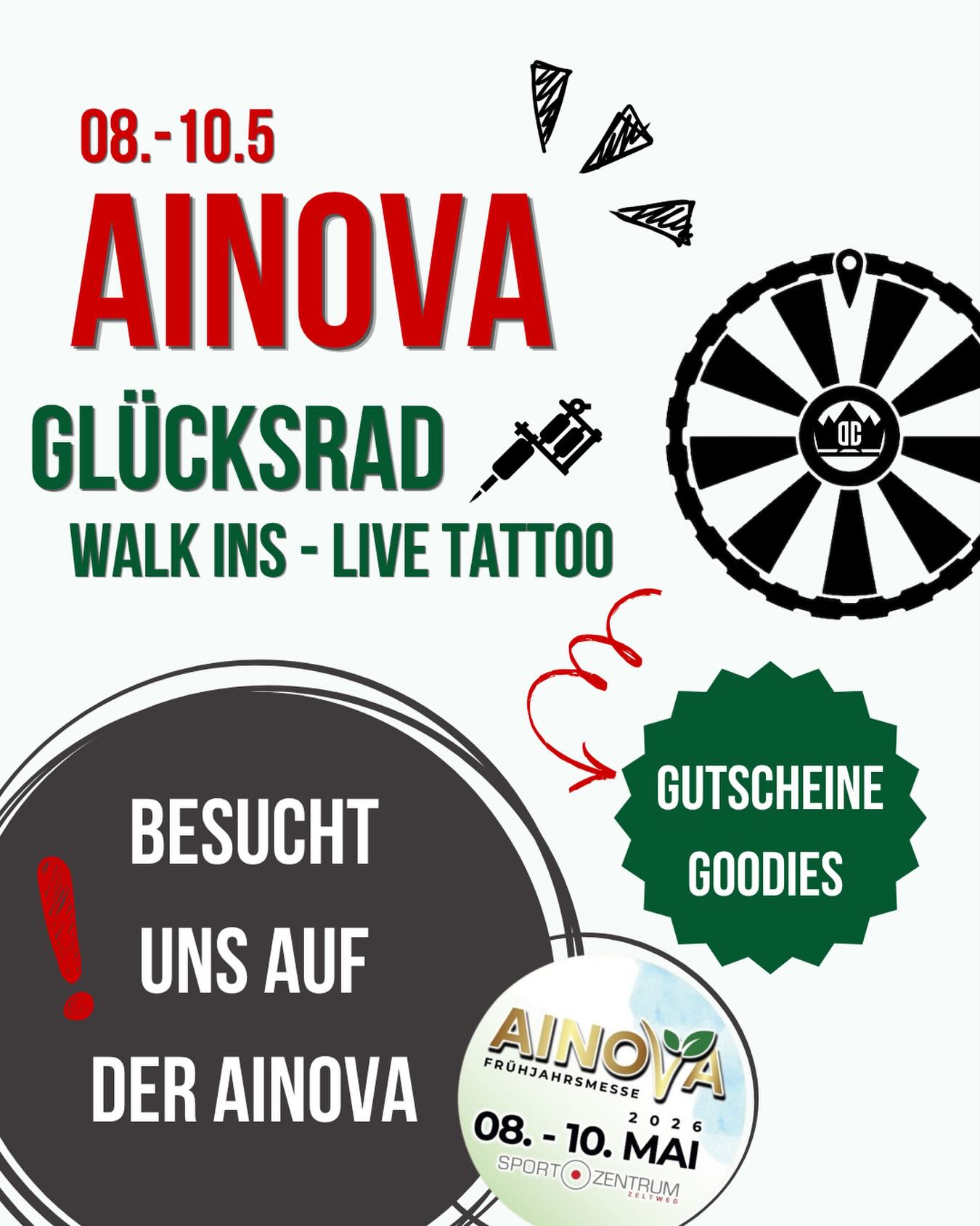 🎨 Tinte, Gewinne & Messe-Vibes! 🎡
Wir sind auf der AINOVA 2026 am Start und haben ordentlich was im Gepäck! 🚀
Vom 08. bis 10. Mai findet ihr uns im Sportzentrum Zeltweg. Egal, ob ihr spontan Lust auf frische Tinte habt oder einfach euer Glück herausfordern wollt – vorbeischauen lohnt sich!
Das erwartet euch bei uns:
💉 Walk-Ins & Live Tattoo: Kein Termin? Kein Problem! Komm vorbei und lass dich direkt vor Ort verschönern.
🎡 Glücksrad: Dreh am Rad und sicher dir exklusive Gutscheine oder coole Goodies. Jeder Dreh ein Gewinn!
💬 Meet & Greet: Quatscht mit uns über eure nächsten Projektideen.
Markiert eure Freunde, mit denen ihr die AINOVA unsicher macht, und kommt rum. Wir freuen uns auf euch! 🔥
📍 Wo: Sportzentrum Zeltweg
🗓️ Wann: 08. – 10. Mai 2026
#AInova2026 #Zeltweg #LiveTattoo #WalkInTattoo #glücksrad