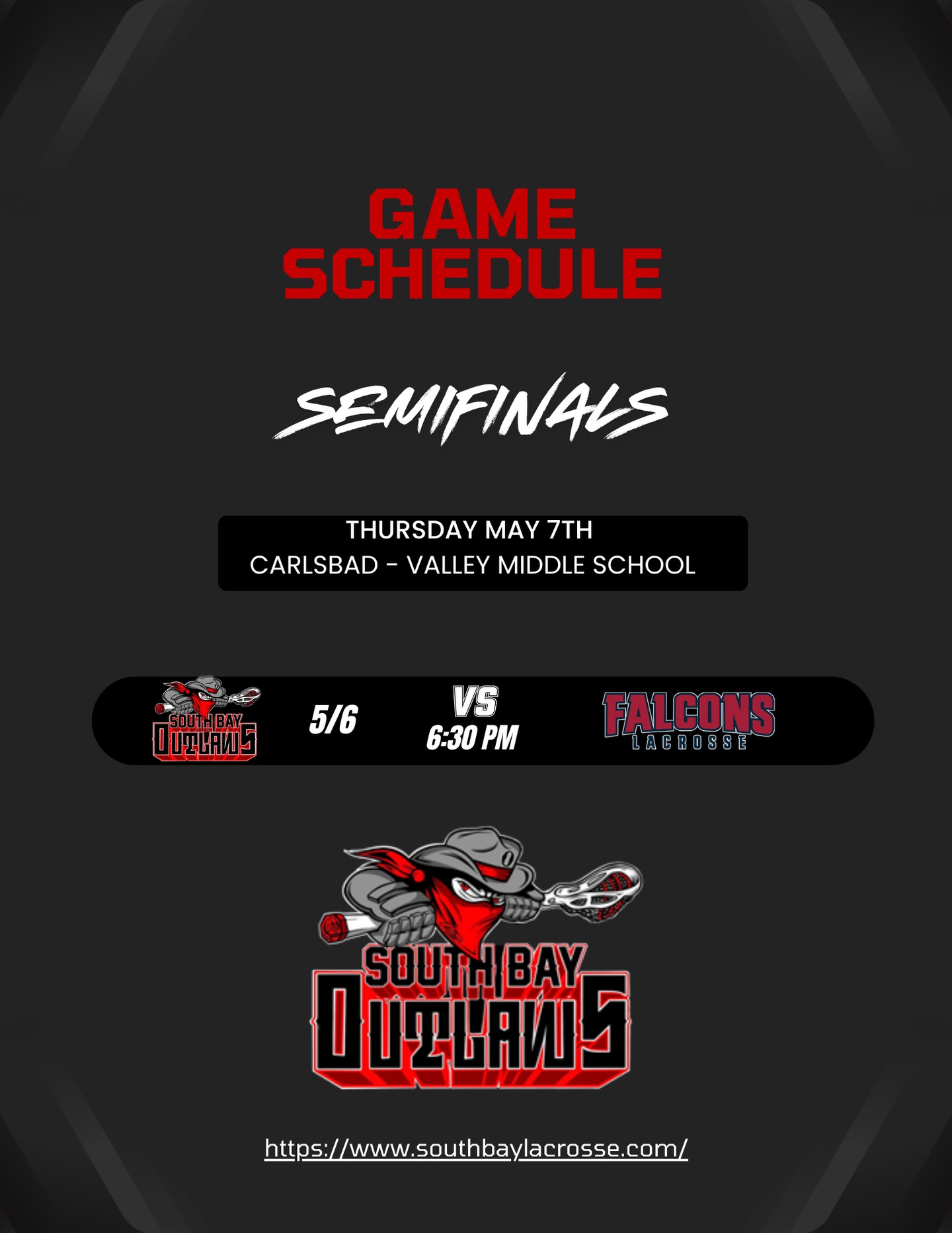 Semifinals for our 5/6 team tomorrow. Valley middle school in Carlsbad come out and support. Let’s go Outlaws!
