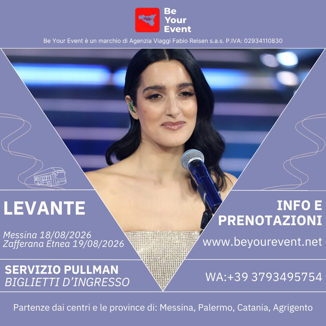Dopo il successo di SanRemo , Levante torna in Sicilia. Prenota ora! 🫶🏻
Info e prenotazioni:
www.beyourevent.net
+39 3793495754
#concerti #sanremo #sicilia #levante #bus