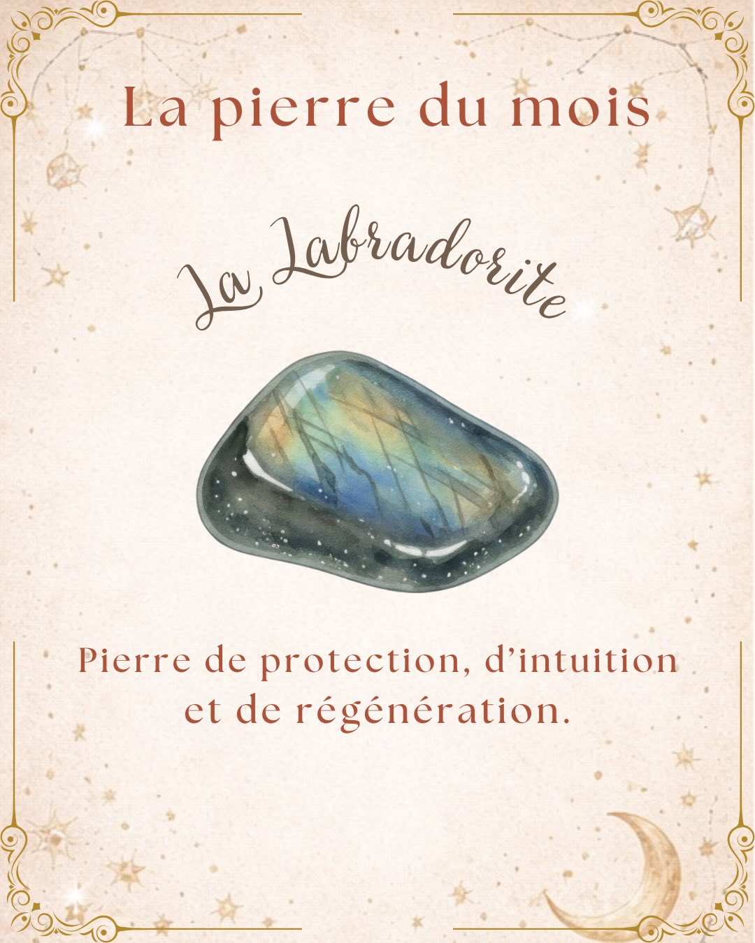 Pierre de protection, d’intuition et de régénération, la labradorite est souvent choisie par ceux qui ressentent beaucoup, donnent beaucoup… et oublient parfois de se préserver.
Avec ses reflets changeants, tantôt bleus, dorés, verts et même violets, elle semble ne jamais montrer deux fois la même lumière.
Son nom vient du Labrador, au Canada, où elle fut découverte au XVIIIe siècle.
Mais bien avant cela, les peuples du Grand Nord voyaient déjà en elle une pierre à part…
Une pierre qui capte la lumière, la transforme, et la révèle au bon moment.
Mais ça… je vous en parle dans un prochain post !
Connais-tu cette pierre ?
#labradorite
