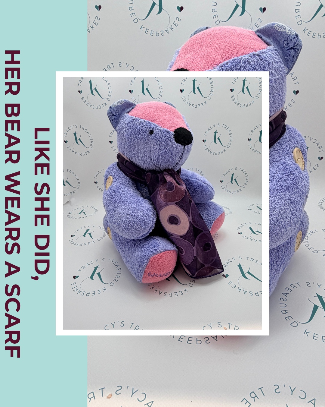 Sharon is a previous customer who came back to me with a memorial order for her husband's nan.
Made from a dressing gown, jumper and tops, this bear has one special detail: a scarf.
Her nan always wore a scarf, so it was important to include that characteristic detail that made her uniquely herself.
I hope this bear brings Sharon's family comfort and keeps nan's loving memory alive.
#TracysTreasuredKeepsakes #SmallBusinessUK #PersonalisedKeepsakes #HertsCustomKeepsakes #HandmadeGiftsUK