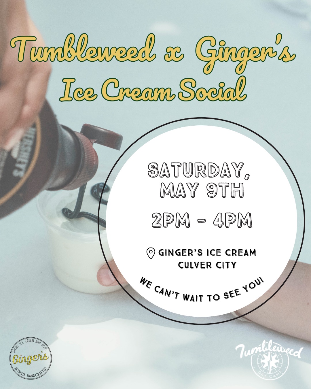 The sweetest way to kick off summer🍦✨
Join us at our Tumbleweed x @gingersdivine Ice Cream Social! Come mingle with our staff, meet other camp families, and grab a scoop on us. We can’t wait to see you ☀️
Saturday, May 9 | 2p - 4pm
📍12550 Washington Blvd, Los Angeles, CA 90066, United States
#LosAngelesEvent
#FamilyFriendlyEvent
#LosAngelesSummerCamp
#Campvibes #campcommunity