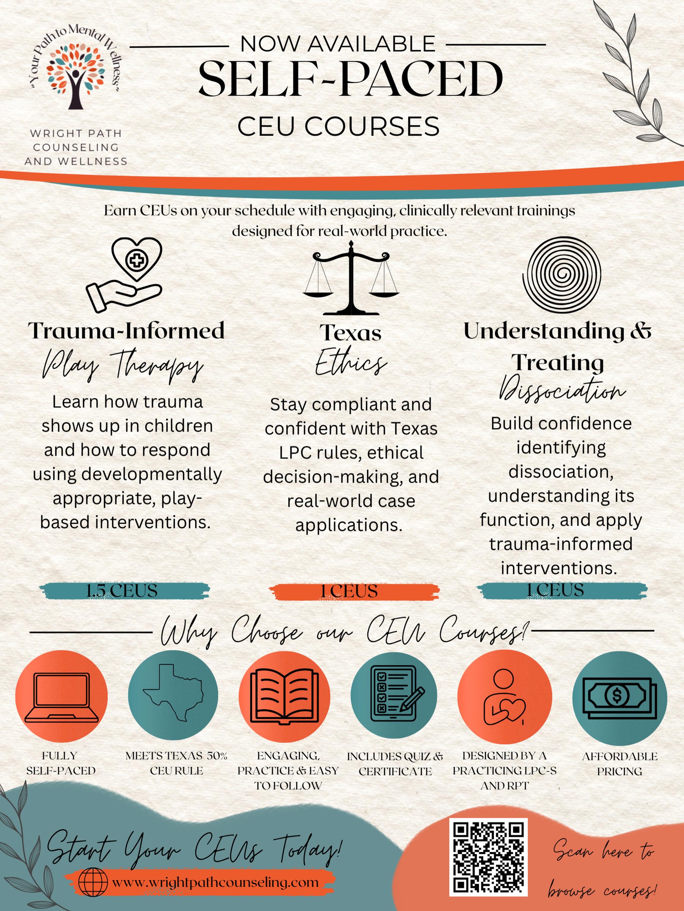 I’m so excited to finally share this with you 💛
These three CEU courses were created for LPC’s, LPC-Associates who want more than just “check-the-box” trainings.
Now available:
✨ Understanding Dissociation in Clinical Practice (1 CEU)
✨ Ethics in Counseling Practice: Emphasis on Working with Minors (1 CEU)
✨ Trauma-Informed Play Therapy: Practice Techniques for Regulation, Expression, and Healing (1.5 CEU)
Designed to be practical, engaging, and immediately applicable in your sessions.
✔️ Self-paced
✔️ Step-by-step completion
✔️ Certificate available immediately
🎉 Launch Special: Take 10% off until June 6, 2026
Use code: CEULaunch
Explore the trainings: www.wrightpathcounseling.com/trainings