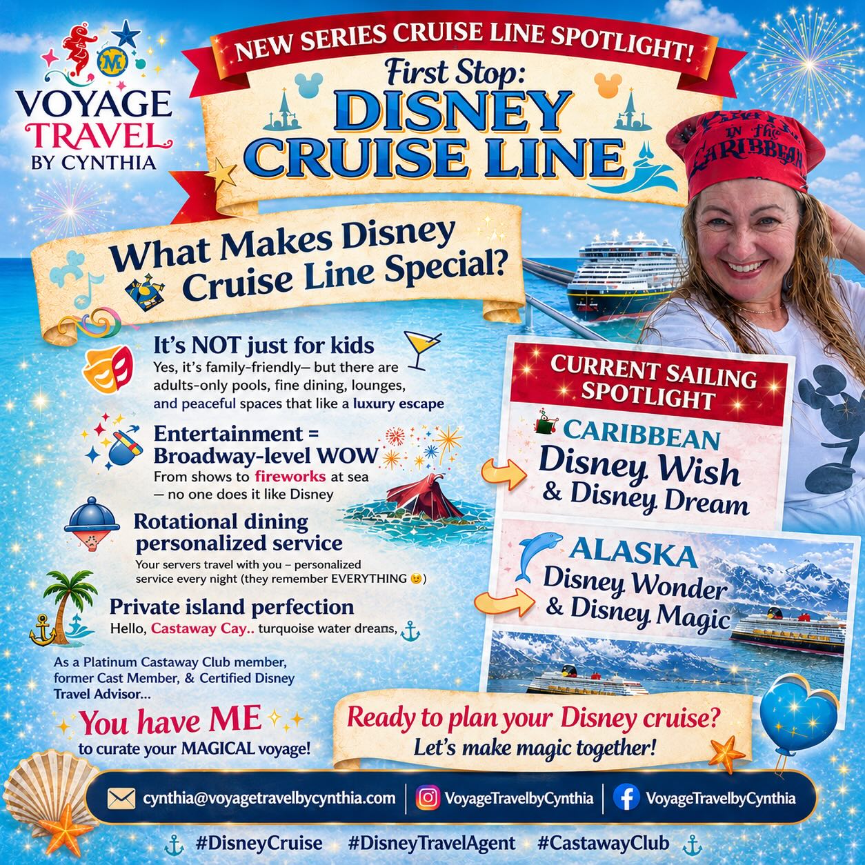 Magic has truly been part of my life for decades ✨🏰🚢
My very first Disney Cruise Line sailing was aboard the Disney Magic in 1999… and in just a few days, I’ll be setting sail on my 12th Disney cruise aboard the Disney Adventure! 💙
Over the years, Disney has taken me around the world — from Disneyland in California to Disneyland Paris, Tokyo Disney, and Hong Kong Disneyland. As a former Cast Member, current Walt Disney World Annual Passholder, and Platinum Castaway Club member, Disney isn’t just a vacation for me… it’s part of who I am. ✨
I love helping families, couples, and Disney fans create magical memories at sea and in the parks because I truly know and love the Disney experience firsthand.
Ready to plan your own magical adventure? Whether it’s your first sailing or your tenth, I’d love to help you make the magic happen! ✨
📩 cynthia@voyagetravelbycynthia.com
📱 @VoyageTravelbyCynthia
#DisneyCruiseLine #DisneyCruise #DisneyTravelAgent #CastawayClub