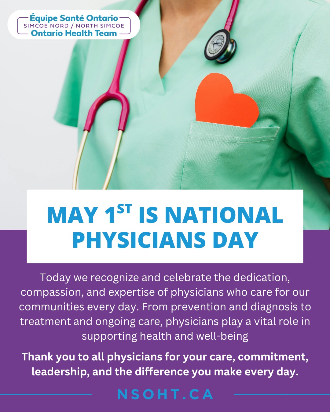 Today, we celebrate the incredible physicians who care for our communities every single day 👩⚕️👨⚕️
From early diagnosis and prevention to treatment and ongoing care, physicians play a vital role in supporting our health and well-being. Their compassion, expertise, and commitment make a meaningful difference in the lives of patients and families across our region.
Your dedication does not go unnoticed—thank you for all that you do.
💙 Join us in showing appreciation!
#NationalPhysiciansDay #ThankYouDoctors #HealthcareHeroes #Gratitude #CommunityCare #NSOHT #OntarioHealthTeam #OHT