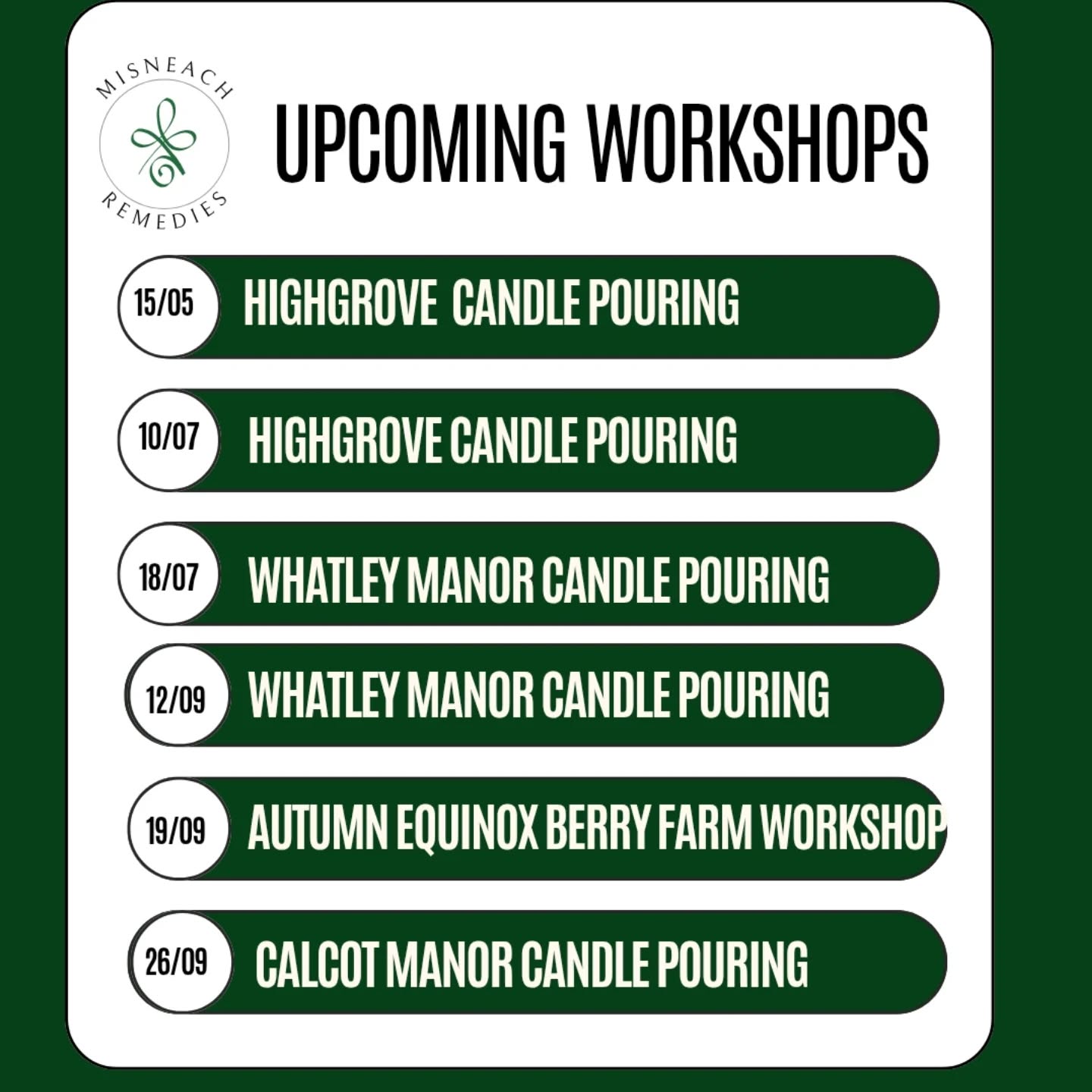 Announcing some new dates and venues for Misneach's essential oil candle pouring workshops.
Misneach will be delivering a full day workshop at Master the Art, not only will we be pouring candles but learning the art of diffuser making too, nestled in rural Shropshire at a stunning venue.
Booking for Highgrove, Calcot Manor, Master the Art, Shropshire and Whatley Manor is direct with the venue. Will announce when all are live, Highgrove and Master the Art are. Calcot and Whatley will be live soon.
These are the most beautiful venues, come for the venue and stay for the knowledge that you will pick up and fun you will have.
Cannot wait to have you, any questions feel free to message. More details on my website.
Le grá,
Jennie xxx
#essentialoilworkshops #Cotswolds #Shropshire #ExperienceGift