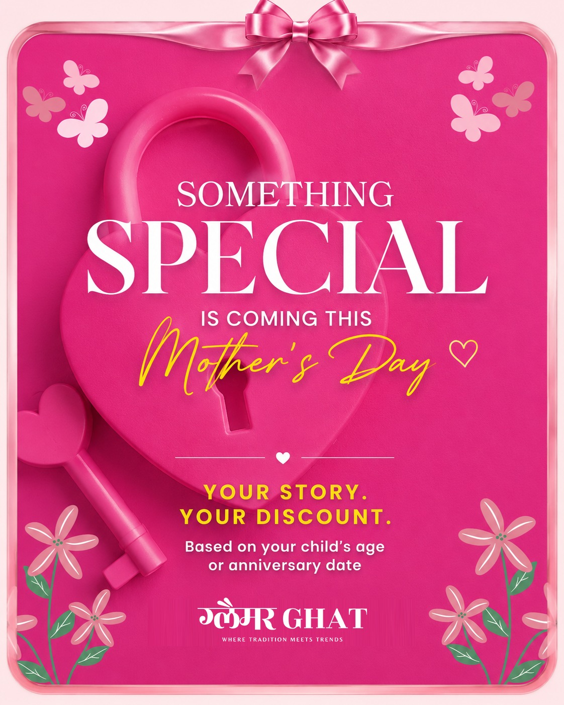 Something special is coming this Mother’s Day 💗
A celebration that’s personal.
A gesture that means more.
Because this time,
your story decides your discount.
Based on your child’s age or your anniversary date.
Up to 30% off.
Coming soon at Glamour Ghat
2nd Floor, Rcube Monad Mall
Stay tuned.
Mother’s Day offer, personalised discount, gifting ideas, fashion accessories, handbags, footwear, Glamour Ghat, Noida shopping, Rcube mall
#MothersDay #MothersDaySpecial #GiftingIdeas #ShopForMom #NoidaShopping #RcubeMall #GlamourGhat #PersonalisedOffer #FashionAccessories #FootwearStyle #HandbagsLove #ShopLocalIndia #RetailTherapy #WeekendShopping #GiftWithLove