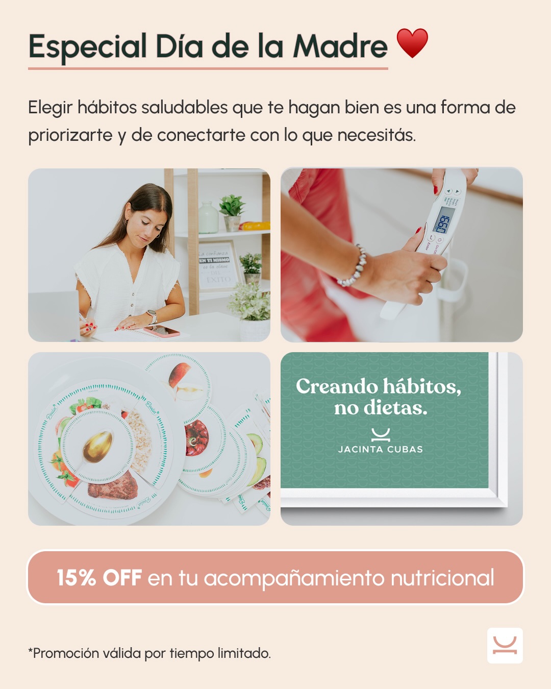 Especial DÍA DE LA MADRE 🩷🩷
✅ 15% OFF en tu acompañamiento nutricional por tiempo limitado ⏰
👩🏻💻 Tanto en modalidad online como presencial
💝 Elegir hábitos saludables que te hagan bien es una forma de priorizarte y de conectarte con lo que necesitas 🥰
➡️ Escribime por mensaje directo o a través del link que se encuentra en mi perfil para saber más info sobre las consultas 😊
➖➖➖➖➖➖➖➖➖➖➖➖➖➖➖➖
📚 Metodología ➡️ Creando hábitos, no dietas
📩 jacinta@nutricionequilibrio.com.uy
📲 098 408 043
🌎 Www.jacicubasnutricion.com
#hábitossaludables #nutricionista #diadelamadre #consultanutricional #alimentacionequilibrada