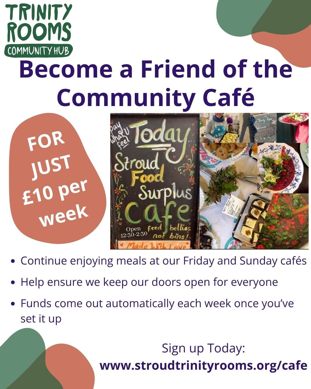The Trinity Rooms Community Cafés run every Friday and on the last Sunday each month. We use surplus food from the farmers market, along with bought-in ingredients, to create hearty and healthy meals.
All food and drink is available on a Pay-As-You-Can basis.
It takes significant resources of people power and funding (to buy and cook the food, pay our chefs, keep the building warm, etc.).
If you have the means, we'd love you to become a Friend of the Cafés by signing up to pay weekly and help us keep everything running.
Learn more and sign up here: https://www.stroudtrinityrooms.org/cafe
#Stroud #SupportingLocal #Help #MakeADifference #Amberley #Charity #Ebley #Cirencester #Painswick #Nailsworth #Chalford #Minchenhampton #Food #Gloucester #Cheltenham #DonationsNeeded #Community #Gloucestershire