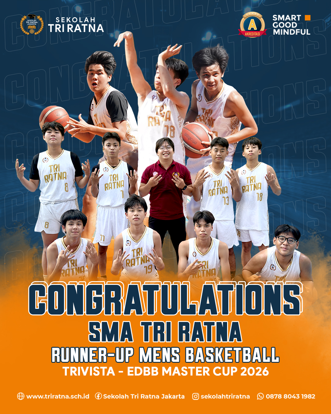 Selamat kepada tim SMA TRI RATNA @smatriratna šš
Runner-Up Mens Basketball, Trivista EDBB Master Cup 2026
Kerja keras, kekompakan, dan semangat pantang menyerah kalian benar-benar terasa di setiap pertandingan! ā¹ļøš„
Sebuah proses membentuk mental, karakter, dan kepercayaan diri untuk terus berkembang.
Sekolah Tri Ratna mendukung dan memfasilitasi setiap proses belajar murid agar dapat terus berkembang dan berprestasi akademik maupun non-akademik.
Raih prestasimu bersama Sekolah Tri Ratna!
š psb.triratnaschool.sch.id
āļø +62 878-8043-1982
SMART ⢠GOOD ⢠MINDFUL
#sekolahjakarta #sekolahbuddhajakarta #sekolahtriratnaĀ #sekolahjakartabaratĀ #mindfulschool