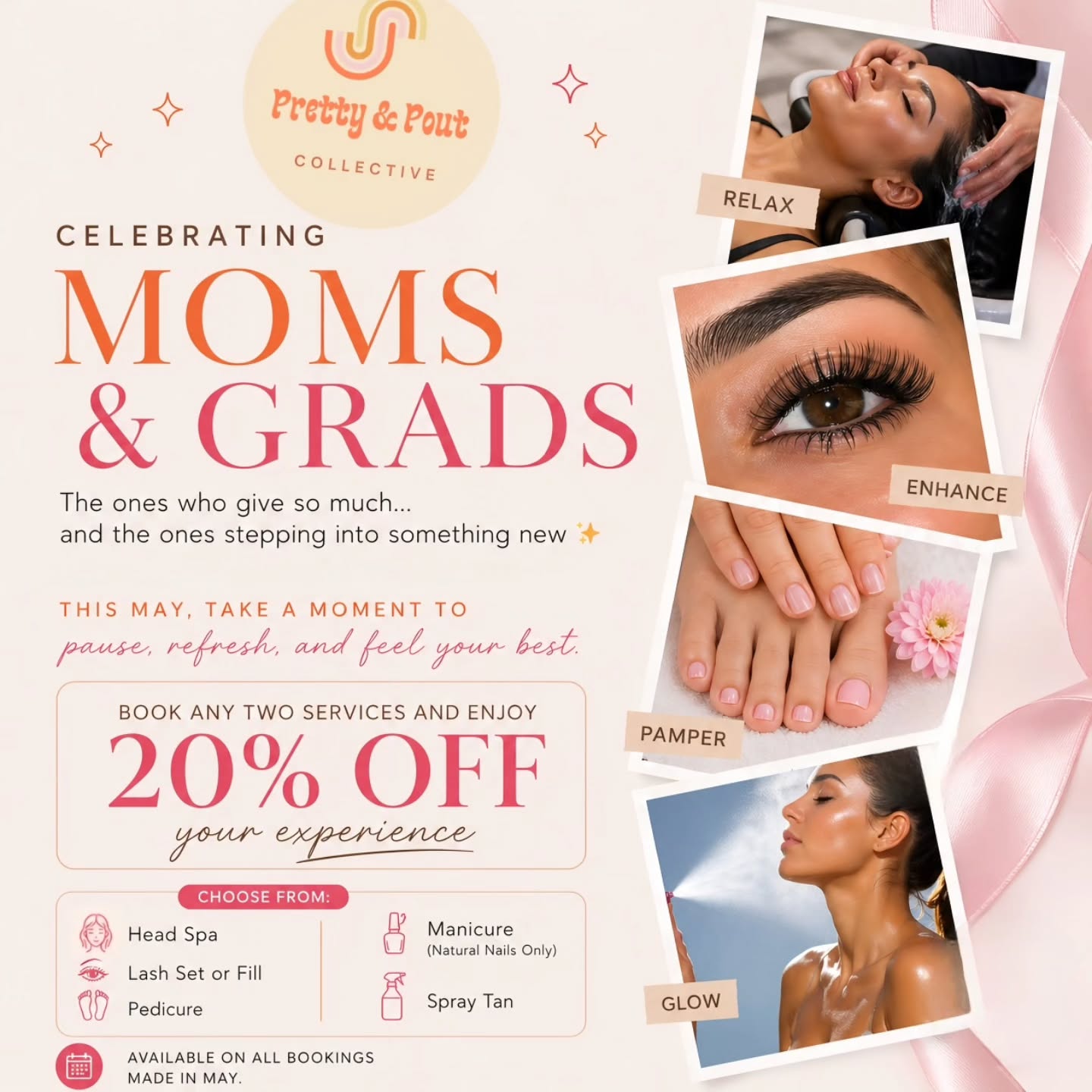 Celebrating the ones who give so much…
and the ones stepping into something new ✨
Moms. Grads. You. ♡
This season is about slowing down, being cared for, and feeling like you again. Whether you’re celebrating someone special or craving a little reset yourself, this is your moment.
Book any two services and enjoy 20% OFF your experience all May long.
Think:
Head Spa + Pedi
Lashes + Spray Tan
Mani + Head Spa
Pedi + Lashes
Spray Tan + Mani
Your perfect little escape, thoughtfully curated.
May is already filling quickly!
Especially evenings & Saturdays
If you’ve been thinking about it, this is your sign to secure your appointment now before your ideal time is gone. 🙌
Book online:
Link in Bio or at
www.prettyandpout.com
#selfcarematters #yegspa #mothersday #graduation #sherwoodpark