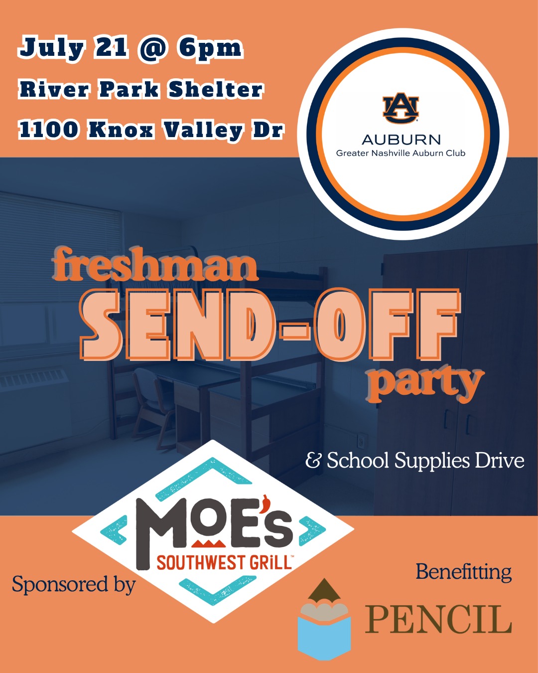 Join us for our annual Freshmen Send-Off on Tuesday, July 21! 🐅
Before you head to the Plains, let’s kick things off with a celebration right here in Middle Tennessee! The Greater Nashville Auburn Club invites you to our Annual Freshman Send-Off Dinner on Tuesday, July 21at 6:00 PM at River Park in Brentwood. As one of our favorite annual traditions, this event is a great opportunity to meet other incoming freshmen from the area and celebrate the start of your next chapter at Auburn University! 🎉
Dinner is generously provided by Moe’s Southwest Grill. Fun fact: all Middle TN locations are owned by AU alumnus Scott Portis, ‘89. Freshmen eat FREE, parents and siblings welcome for $10 each.
RSVP now at the link in our bio!
Additionally, we’ll be collecting school supplies benefitting the PENCIL Foundation. Help us support our community in Middle TN by bringing school supplies to be donated.