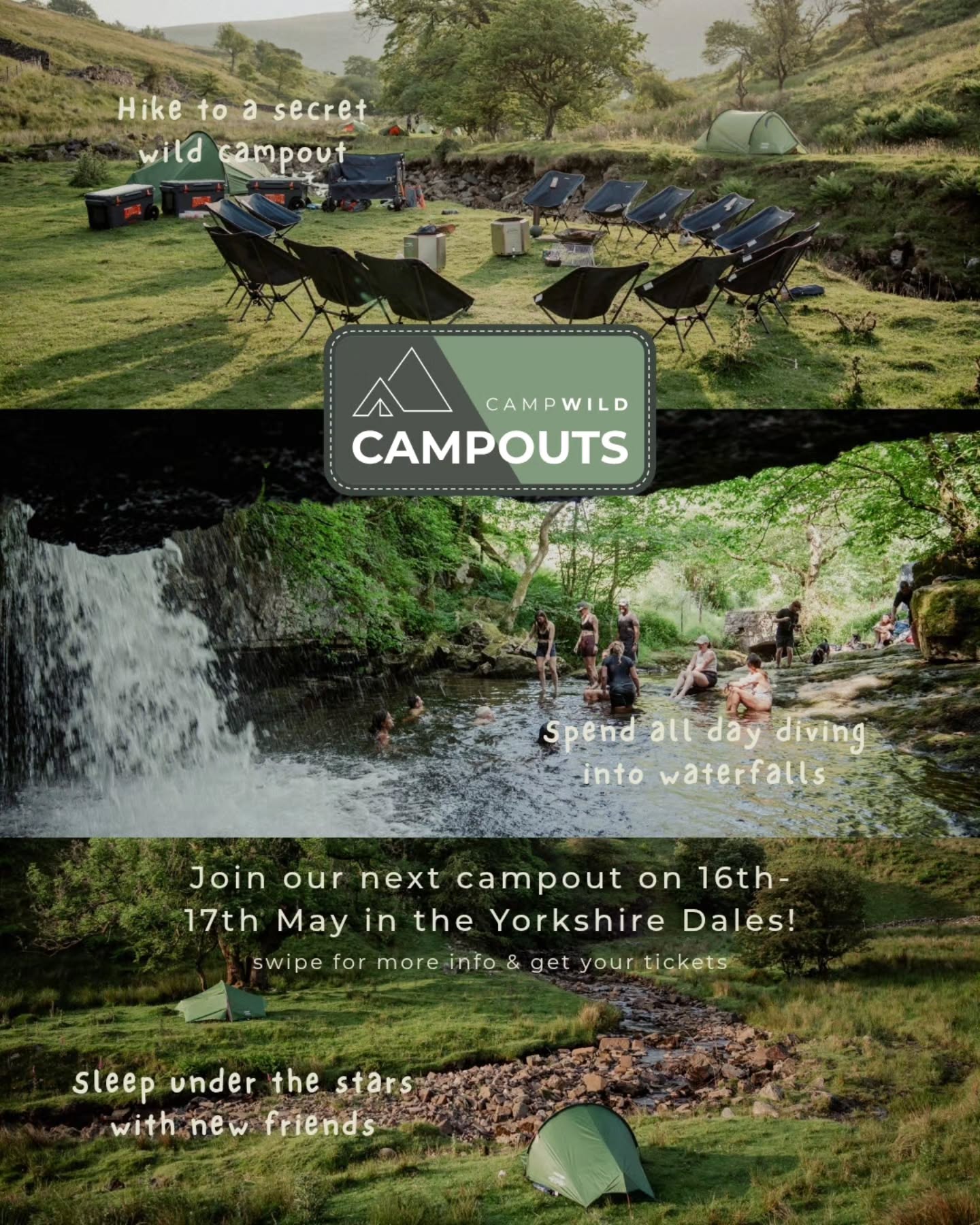 Join the next CampWild Campout 👣⛺️
On the 16th–17th May, we’re heading deep into the Yorkshire Dales for a guided hike into one of the most beautiful Wild Spaces we’ve ever added to our network.
Think waterfalls, deep plunge pools, wild swimming, campfires, good food and sleeping under the stars alongside a group of kindred spirits.
You’ll hike in with everything on your back, arrive at a fully set-up riverside camp, spend the afternoon exploring hidden waterfalls with a qualified cold water guide, then settle in around the fire for the night.
And wake up the next morning to coffee by the river before doing it all again.
This is what CampWild Campouts are all about — adventure, connection and experiencing wild places properly.
⚠️ Only 15 tickets left
📍 Yorkshire Dales
📅 16–17 May
Tickets are live now via the link in bio 🎟️
Things to know ℹ️
Hike in-Hike Out
Guided Swimming & Hike
Dogs permitted on leads at all times
Limited facilities, spring water at Space
#community #campout #camping #adventure #wildswimming