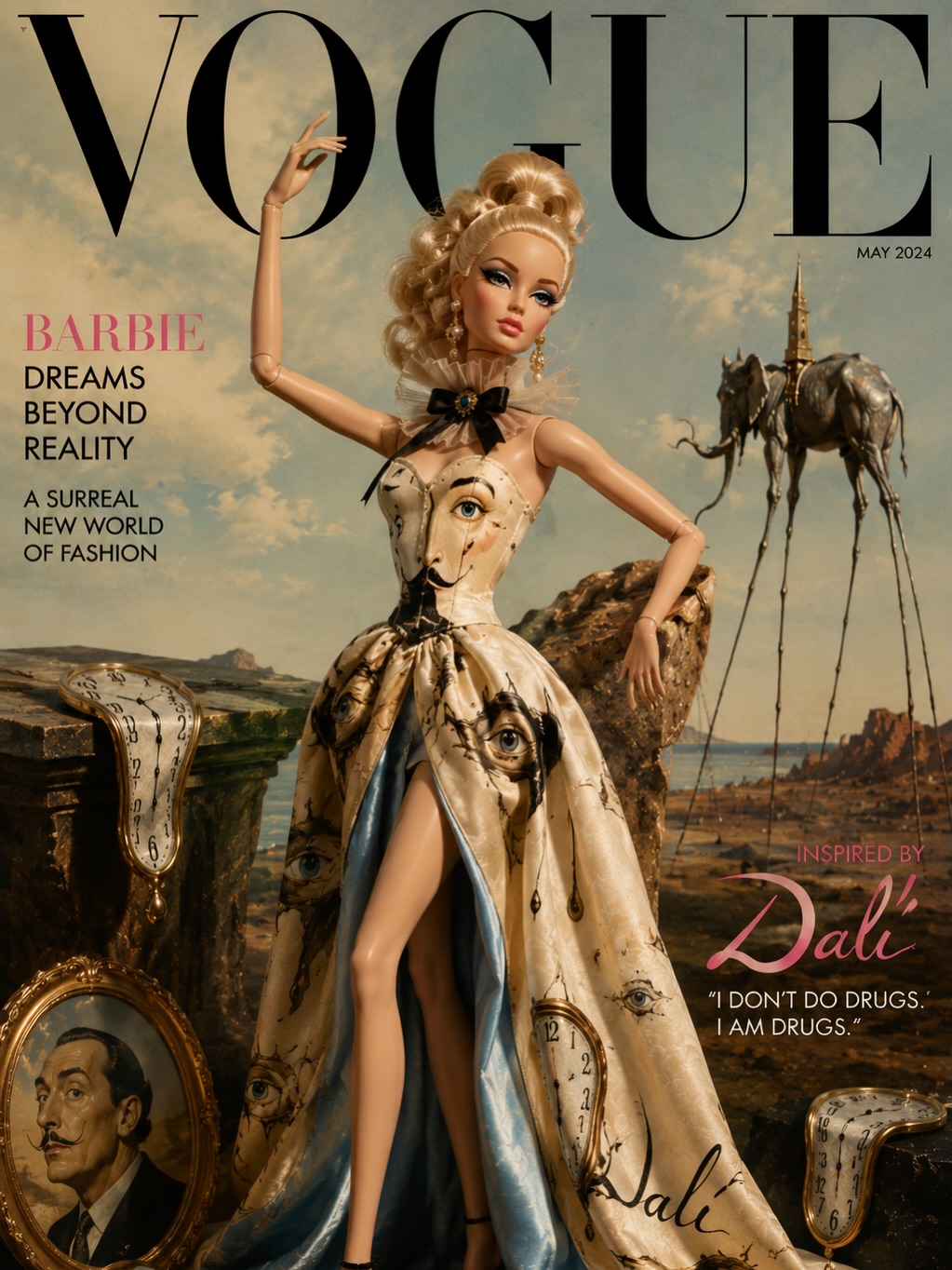 Surreal fashion meets iconic glamour â¨đ
This Barbie-inspired VOGUE cover takes inspiration from the dreamlike world of DalĂ â melting clocks, dramatic elegance, and couture fantasy blended into one unforgettable image. A fusion of surrealism and high fashion with a modern Barbie twist.
Which detail is your favourite? đđ¨
#BarbieArt #DaliInspired #VogueStyle #SurrealFashion #FashionArt