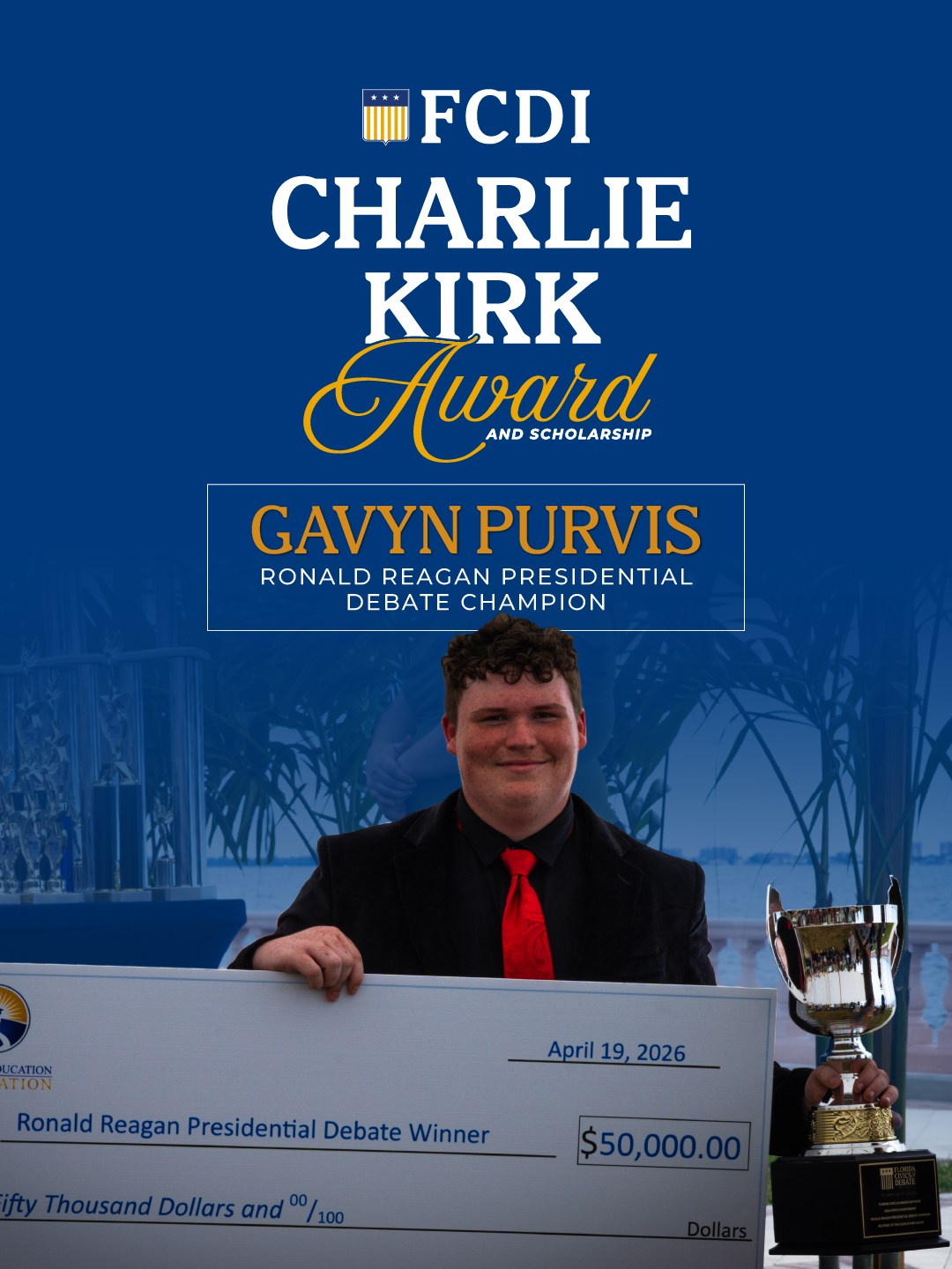 Congratulations to Gavyn Purvis, Champion of the Ronald Reagan Presidential Debate!
At this year's FCDI State Championship, Gavyn Purvis was named champion of the Ronald Reagan Presidential Debate. With that title came a truly special honor: The Charlie Kirk Award and Scholarship. This $50,000 scholarship, named in honor of Charlie Kirk to celebrate the values of patriotism, civil discourse and open debate, will go directly toward Gavyn's pursuit of higher education. His victory also earns him an invitation to compete at the National Ronald Reagan Presidential Debate in California, made possible through the @reaganfoundation.
This award reflects exactly what the Florida Civics and Debate Initiative was built upon: preparing the next generation of leaders to understand America's founding principles and engage in respectful, thoughtful discourse that strengthens our constitutional republic.