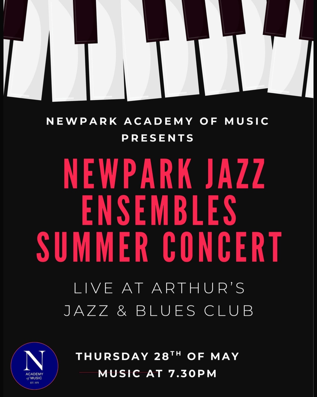 The Newpark Academy of Music Jazz Department Summer Showcase is coming to Arthur’s Blues & Jazz Club 🎷
Expect a great night of live jazz from our ensembles, bringing together everything they’ve been working on this year.
📅 May 28 @ 7:30pm
🎟️ Book your tickets: https://www.eventbrite.ie/e/newpark-concerts-tickets-1986270216687
