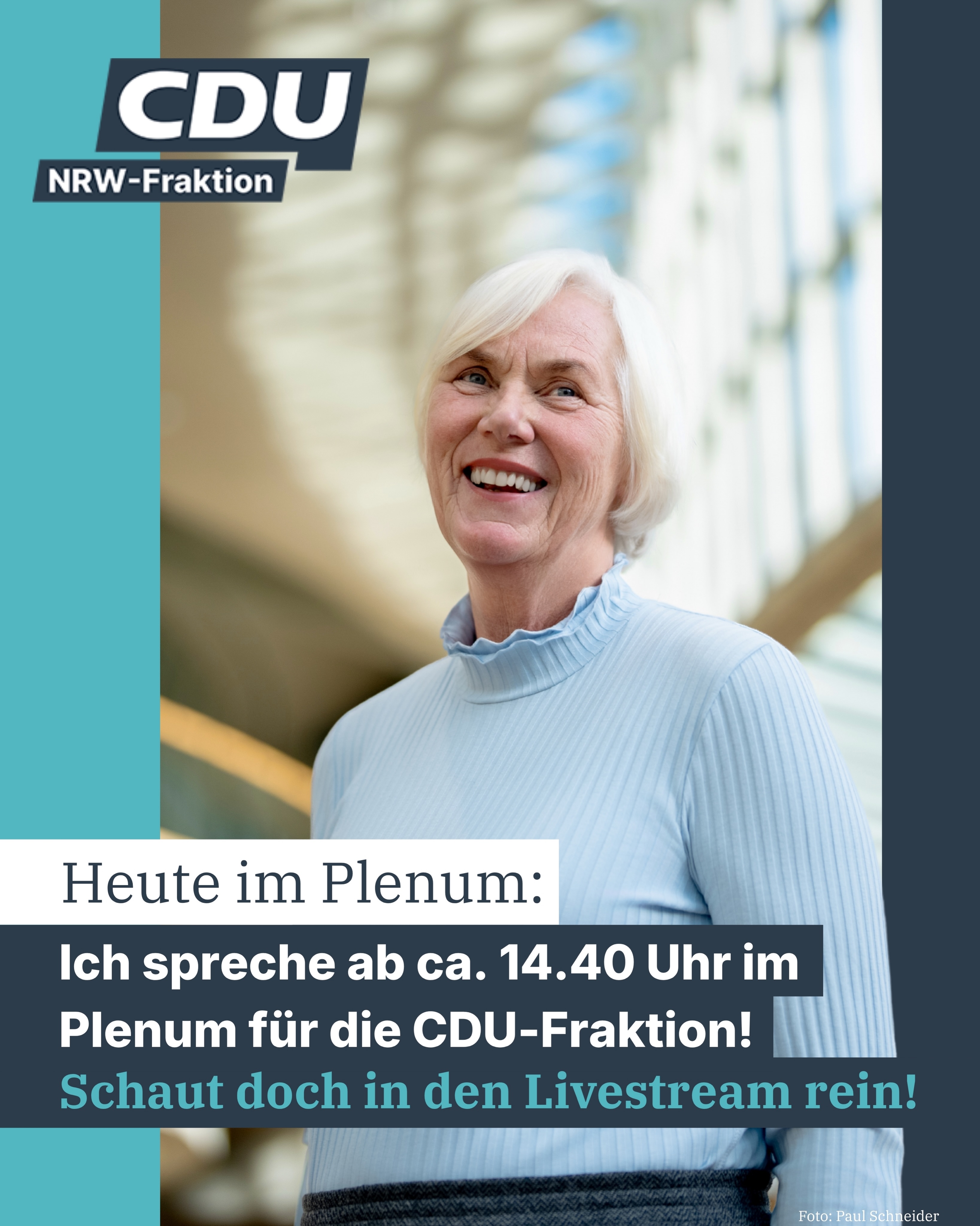 Heute ein besonderer Moment für mich im Landtag Nordrhein-Westfalen: Ich spreche für die CDU-Fraktion im Plenum – voraussichtlich gegen 14:40 Uhr.
Ich freue mich, wenn ihr in den Livestream reinschaut und die Debatte verfolgt. Politik lebt vom Mitmachen und vom Interesse – also seid gern dabei! 🎥
