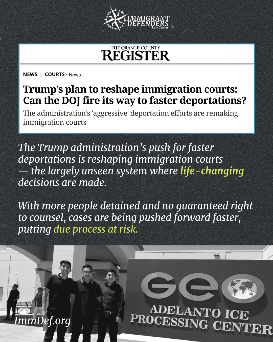 A system that accelerates deportations while denying universal representation isnât delivering justice, itâs engineering outcomes where immigrants are set up to lose. Unlike federal courts, immigration courts are part of the Department of Justice. That means immigration judges work inside the same executive branch that also carries out and enforces deportation policies. The pattern of firing immigration judges over decisions that donât align with current deportation goals shows just how vulnerable the immigration court system is to executive pressure.
âThe immigration laws are incredibly complex, and the system is kind of geared toward removing people,â said Brynna Bolt in the Orange County Register (@ocregister). The burden non-citizens need to meet in immigration court is very high. You pair that with the fact that more people are being detained and judges are being asked to make decisions more quickly. People (non-citizens) are being pressured to move their cases forward without an attorney because they are tired of being in detention.â
đ Read more: https://www.ocregister.com/2026/05/04/immigration-judges-are-at-the-core-of-trumps-deportation-push-but-not-always/
đČ Help us reunite families: immdef.org/donate